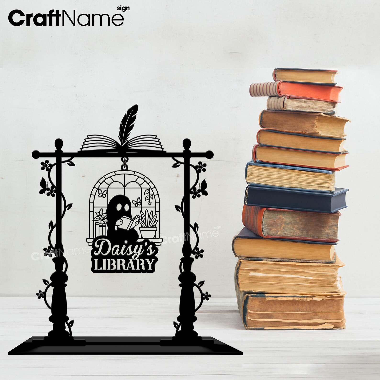 Custom Reading Book Signpost Metal Art with Ghost Design, Mini Signpost for Halloween Library Decor, Book Nook Gift for Kids or Bookish