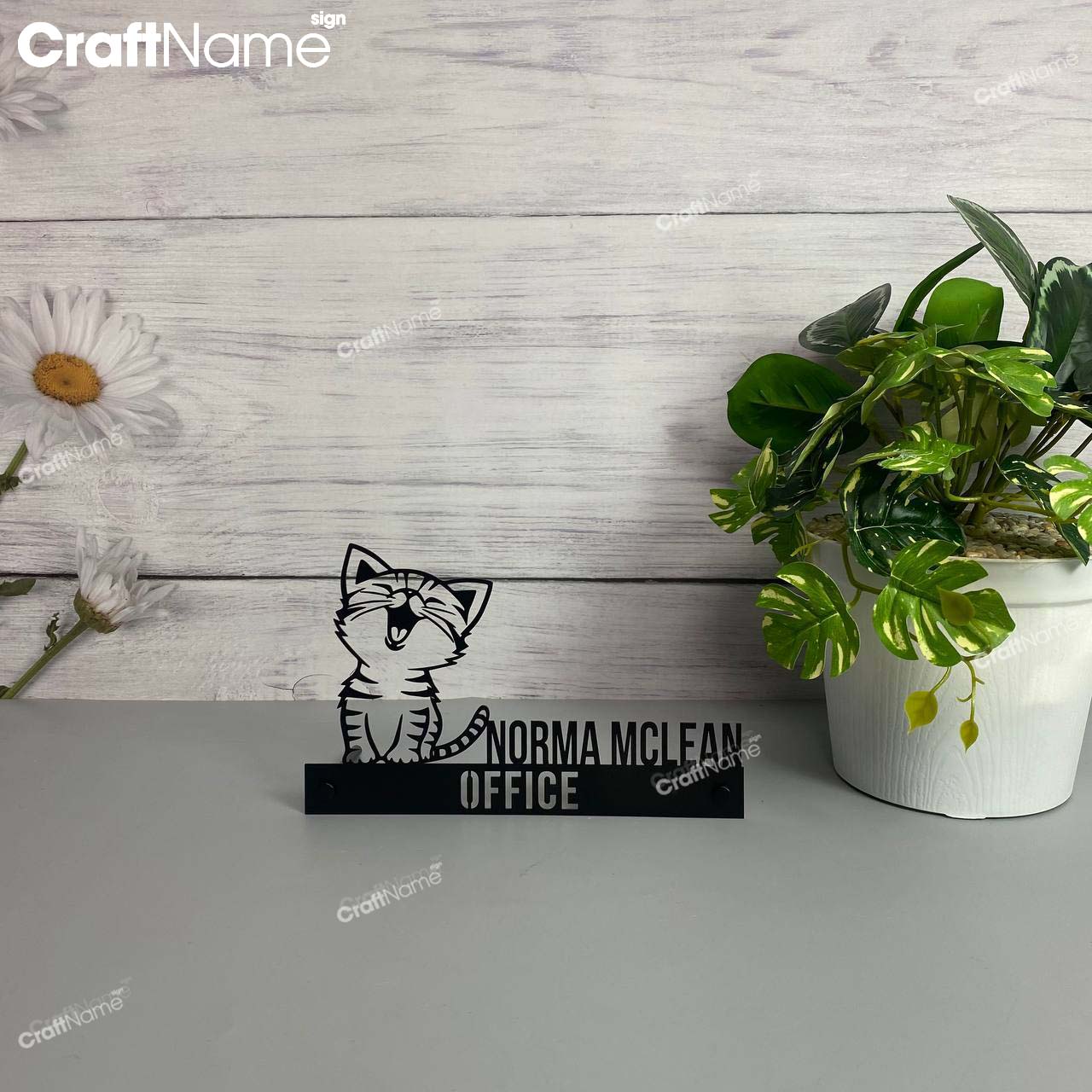 Custom Wooden Desk Name Plate for Cat Lovers