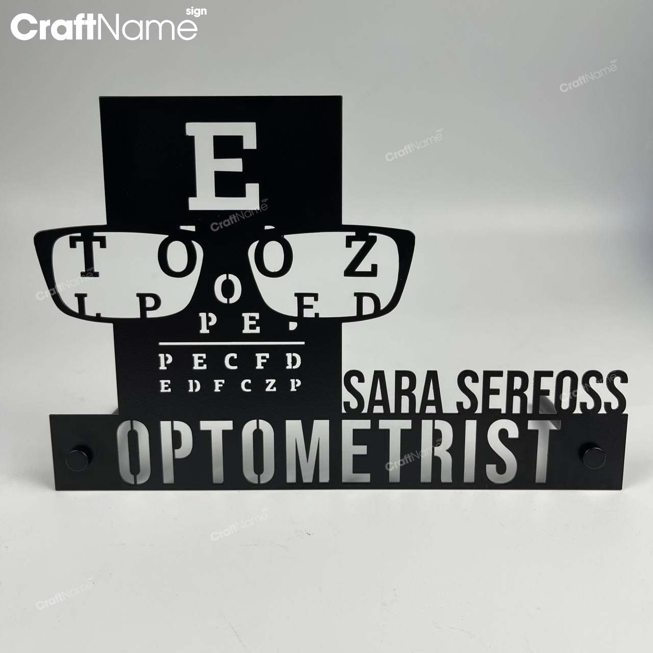 Custom Wooden Optometry Desk Name Plate