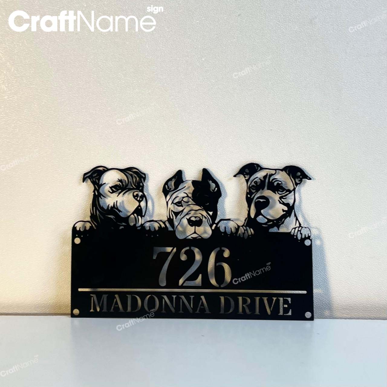 Custom Peeking Pit Bull Dogs Number Metal Address Sign
