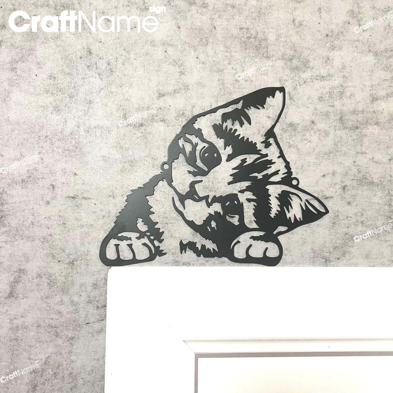 Adorable Peeking Cat Door Corner Metal Wall Art