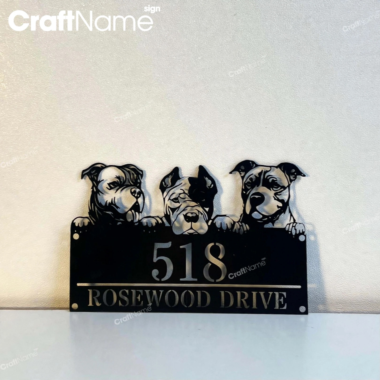 Custom Peeking Pit Bull Dogs Number Metal Address Sign