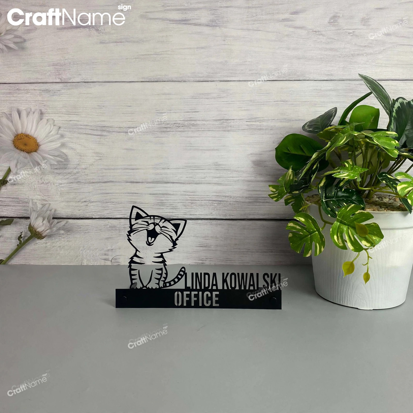 Custom Wooden Desk Name Plate for Cat Lovers
