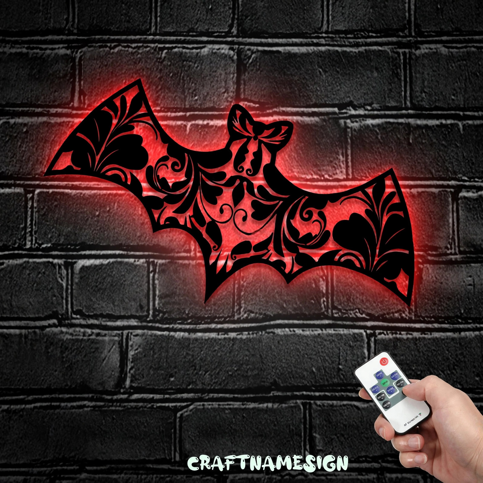 Floral Bat Metal Wall Art with LED Light - Halloween Bat Sign Home Decor - Ideal for Home Decor & Gift