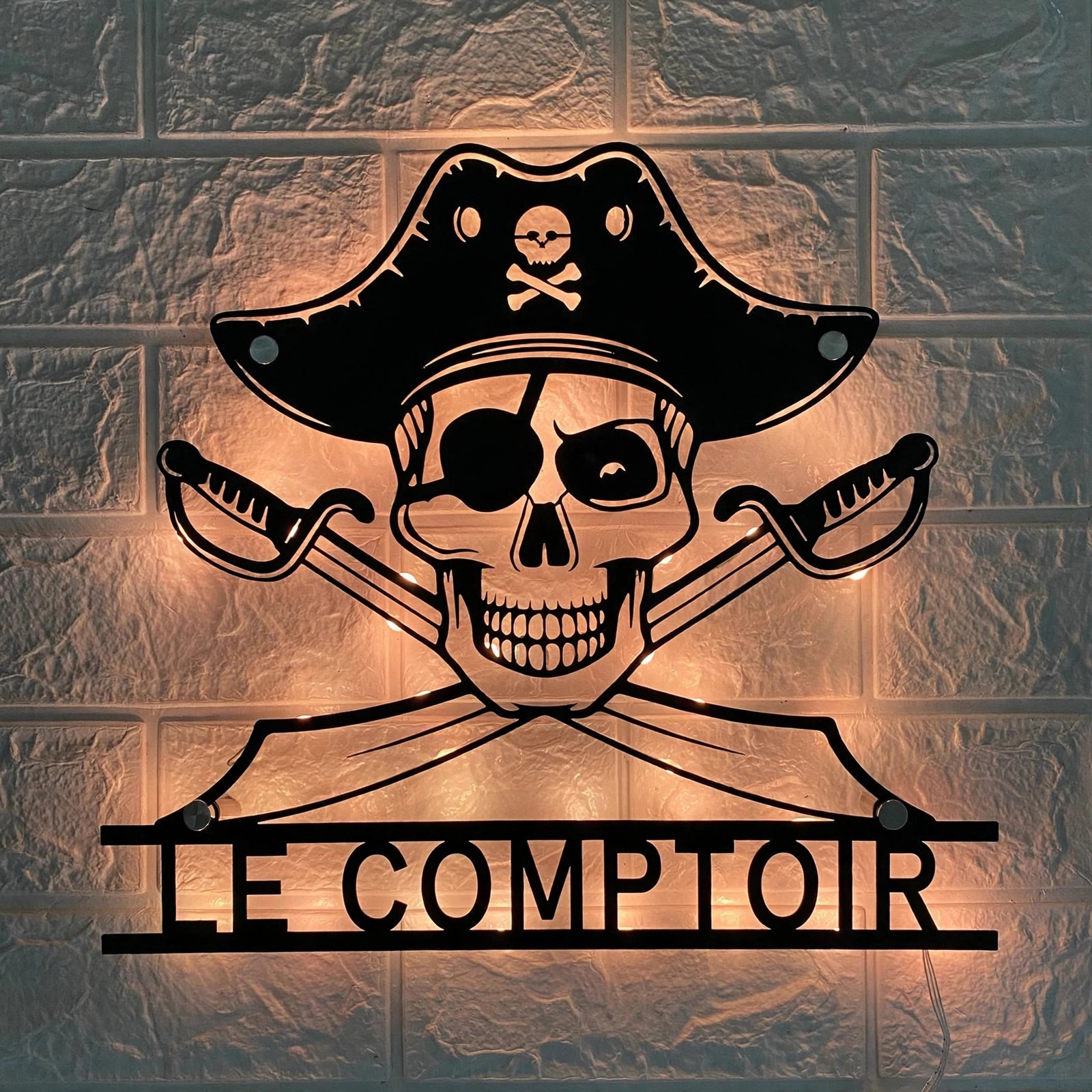 Custom Pirate Skull Metal Wall Art LED Light, Personalized Pirate Ship Name Sign, Halloween LED Light Decoration