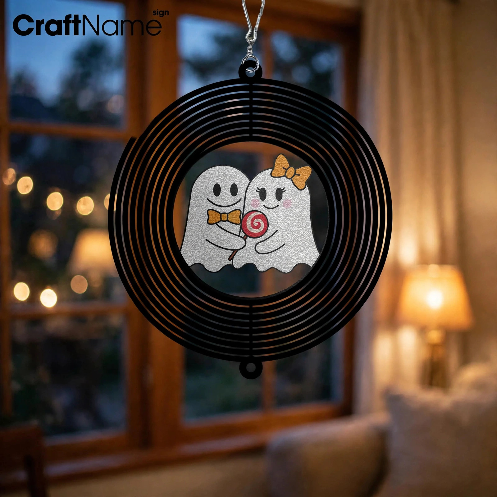 Cute Ghost Couple Metal Wind Spinner, Halloween Garden Decoration, Outdoor Yard Art Spinner, Spooky Porch & Lawn Hanging Decor