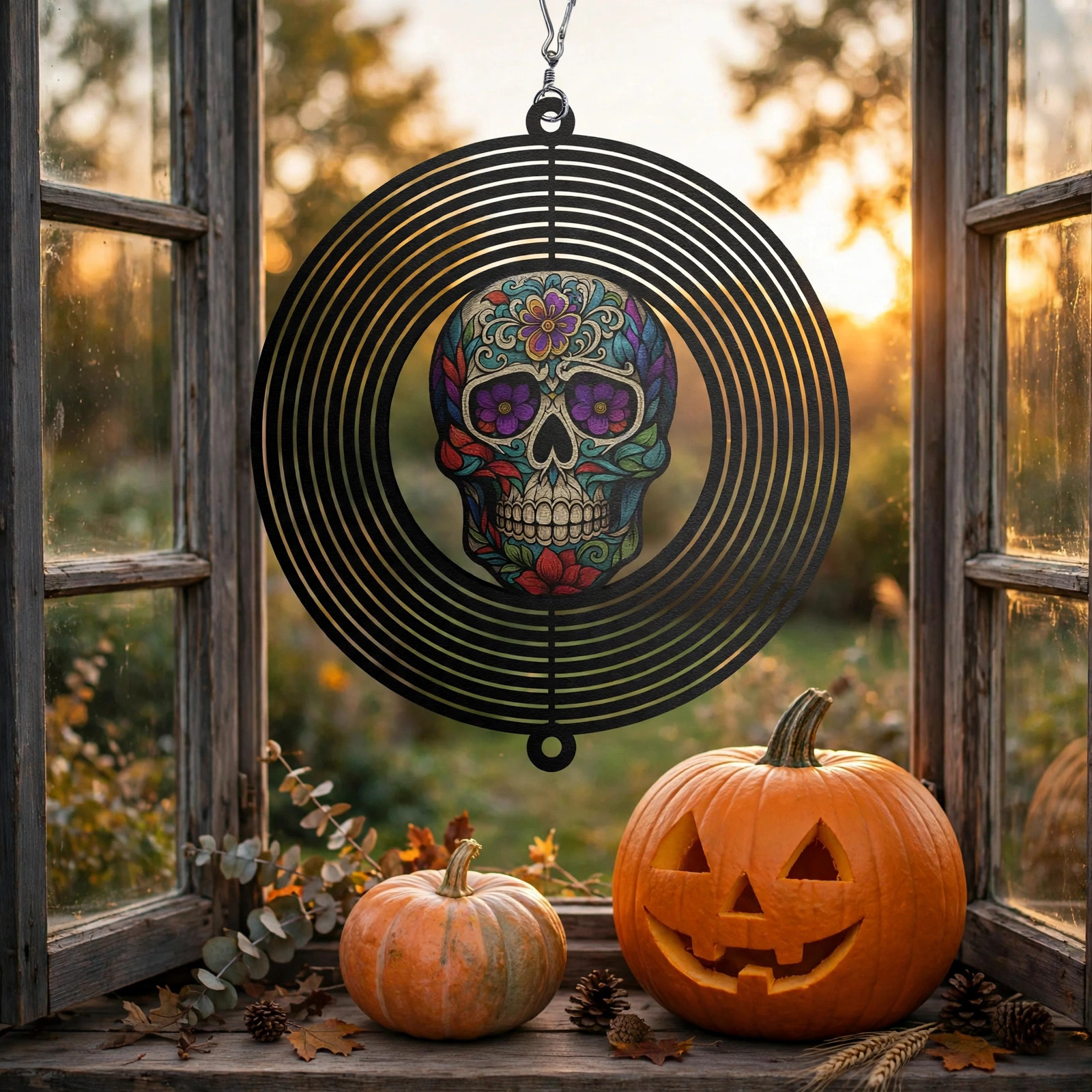 Floral Skull Wind Spinner, Scary Outdoor Yard Art for Garden Decoration, Gothic Decor for Patio and Perfect Gift Idea