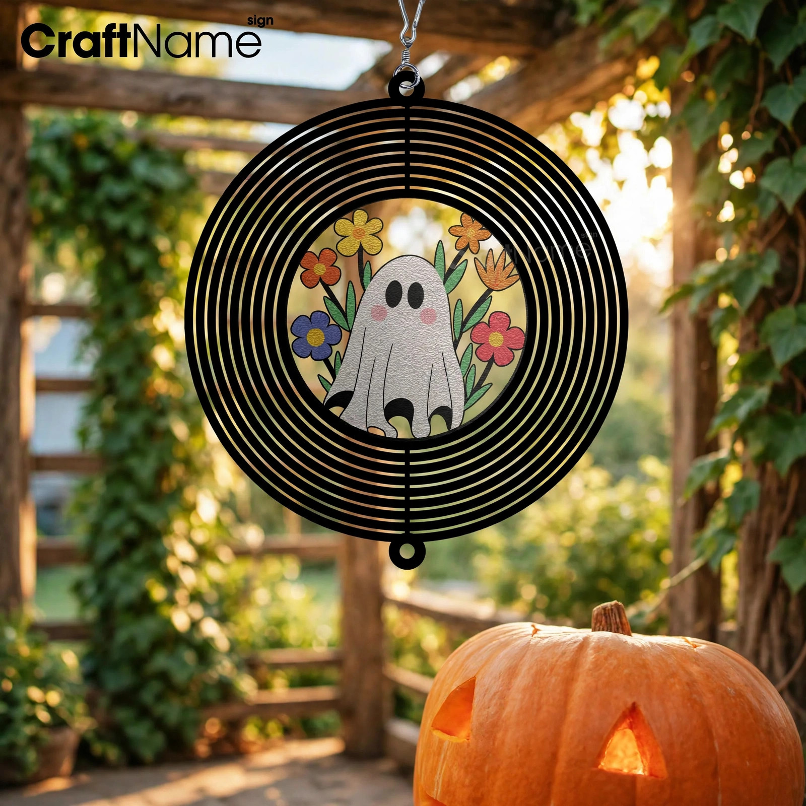 Spooky Halloween Wind Spinner with Ghost Design, Garden Spinner Hanging Sign, Outdoor Decoration, Kinetic Sculpture Art