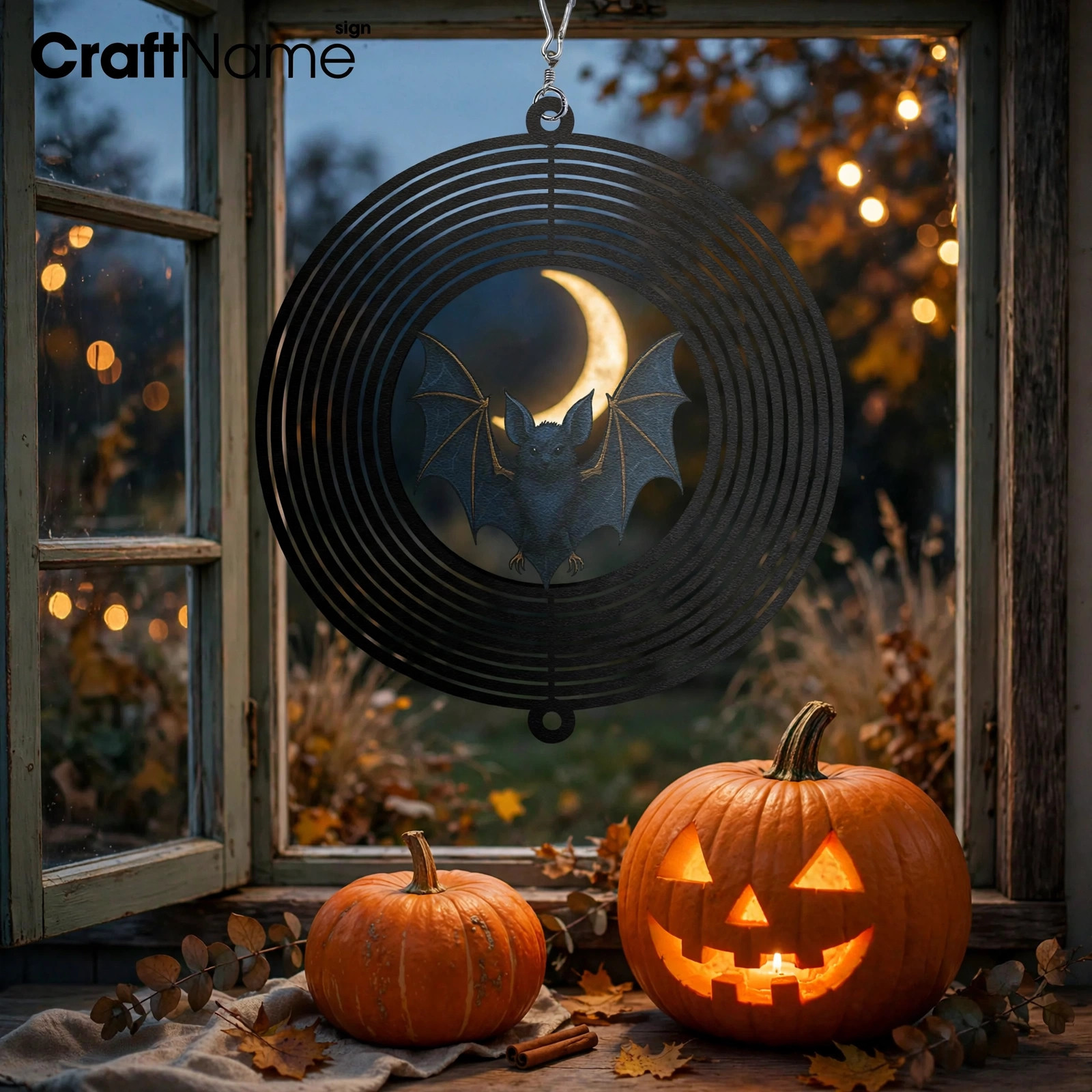 Bat and Moon Wind Spinner, Spooky Outdoor Metal Yard Art, Festive Halloween Decor for Porch and Patio, Unique Gift for Horror Lovers