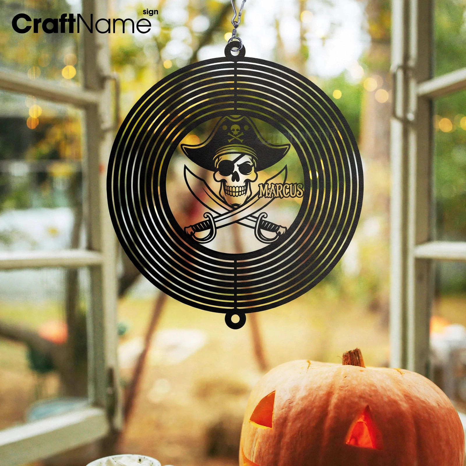 Personalized Metal Wind Spinner with Pirate Skull, Yard Kinetic Sculpture, Gothic Halloween Outdoor Decor, Garden Decoration Gift