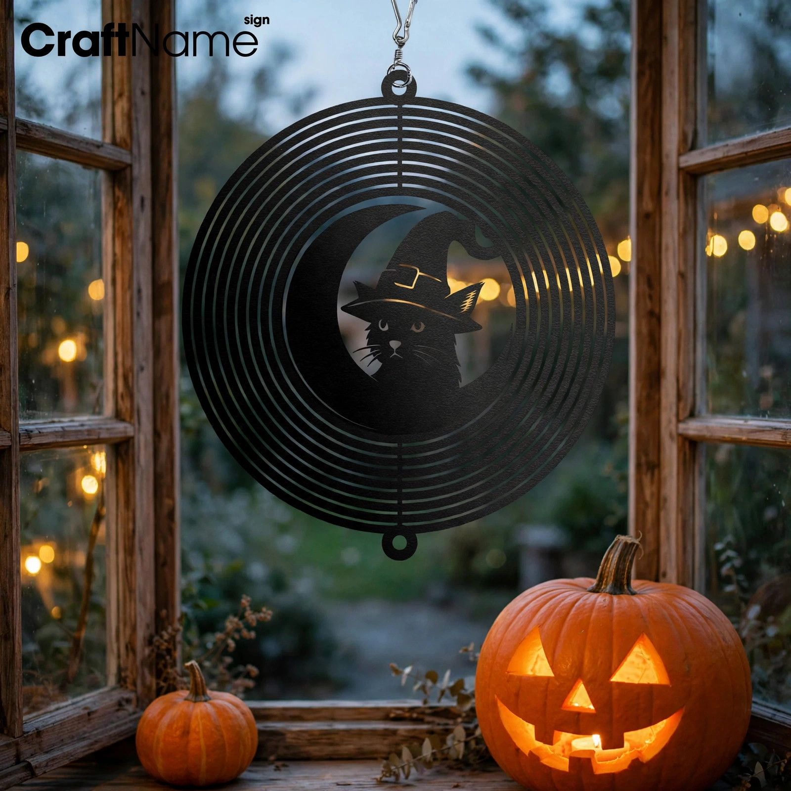 Witchy Cat Metal Wind Spinner, Halloween Black Cat Garden Decor, Mystical Outdoor Yard Art, Spooky Witch Familiar Gift for Cat Lover