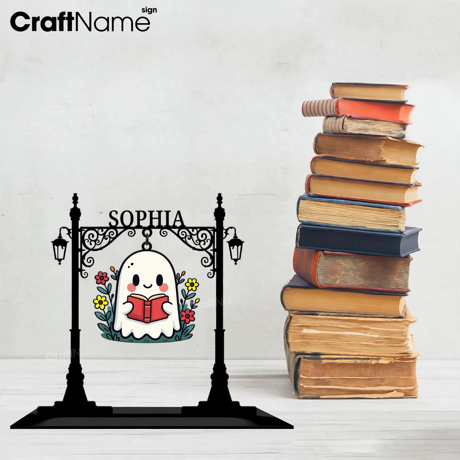 Custom Ghost Metal Mini Signpost, Library Decorations, Signpost Metal Stand for Book Lover, Gift for Kid, Halloween Decor Gifts