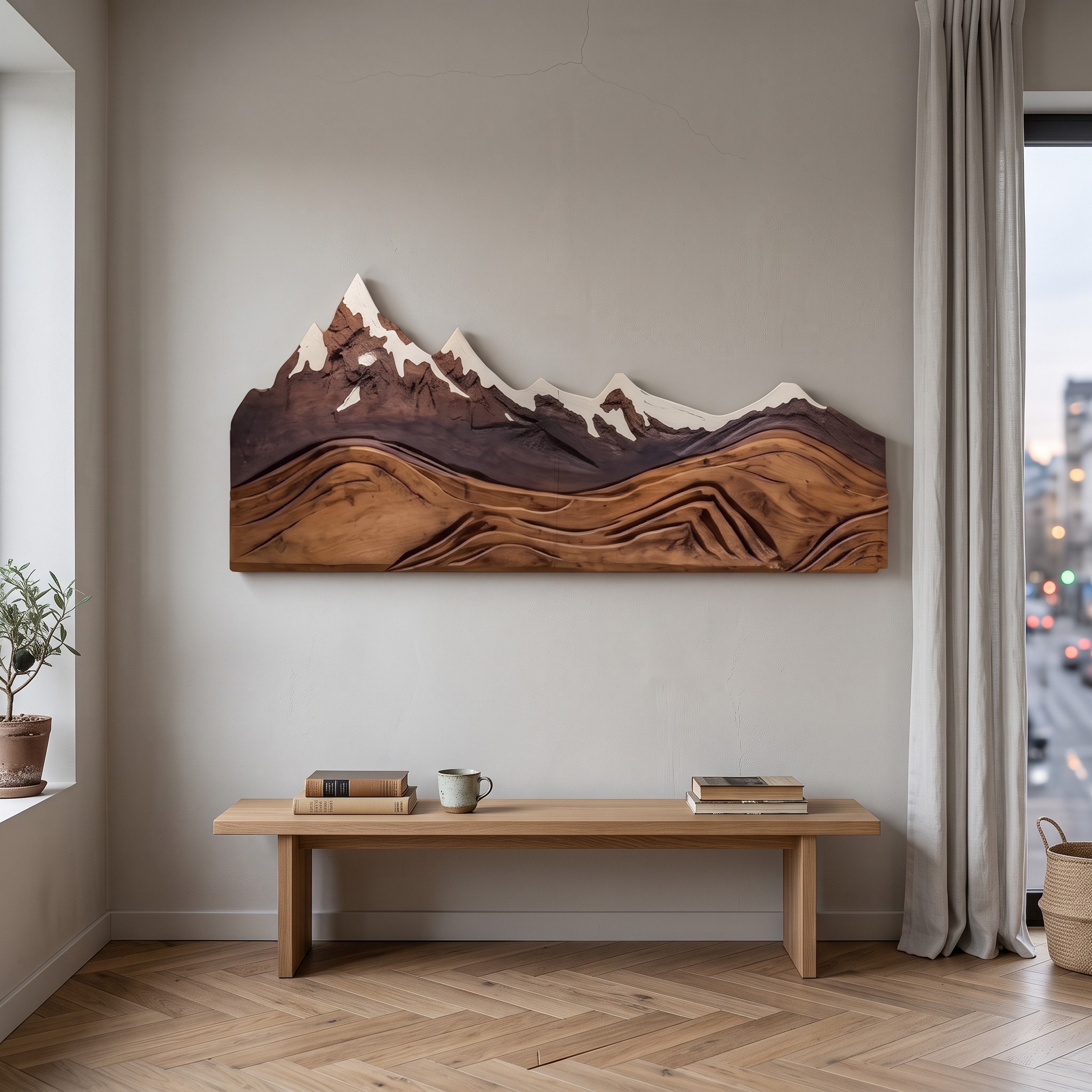 3D Mountain Wall Art Carving, Rustic Nature Inspired Wooden Wall Sculpture Panel for Living Room & Cabin