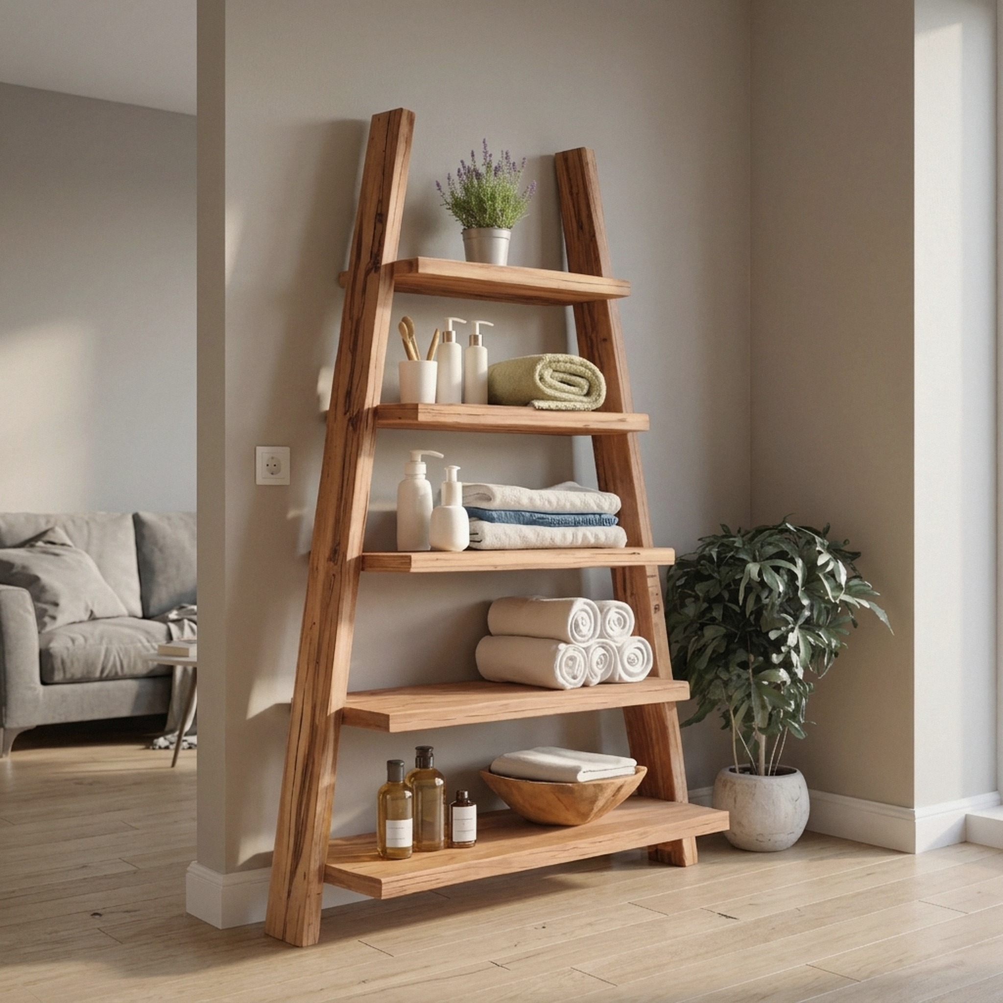 A-Frame Ladder Shelf with Open Tiers for Bathroom