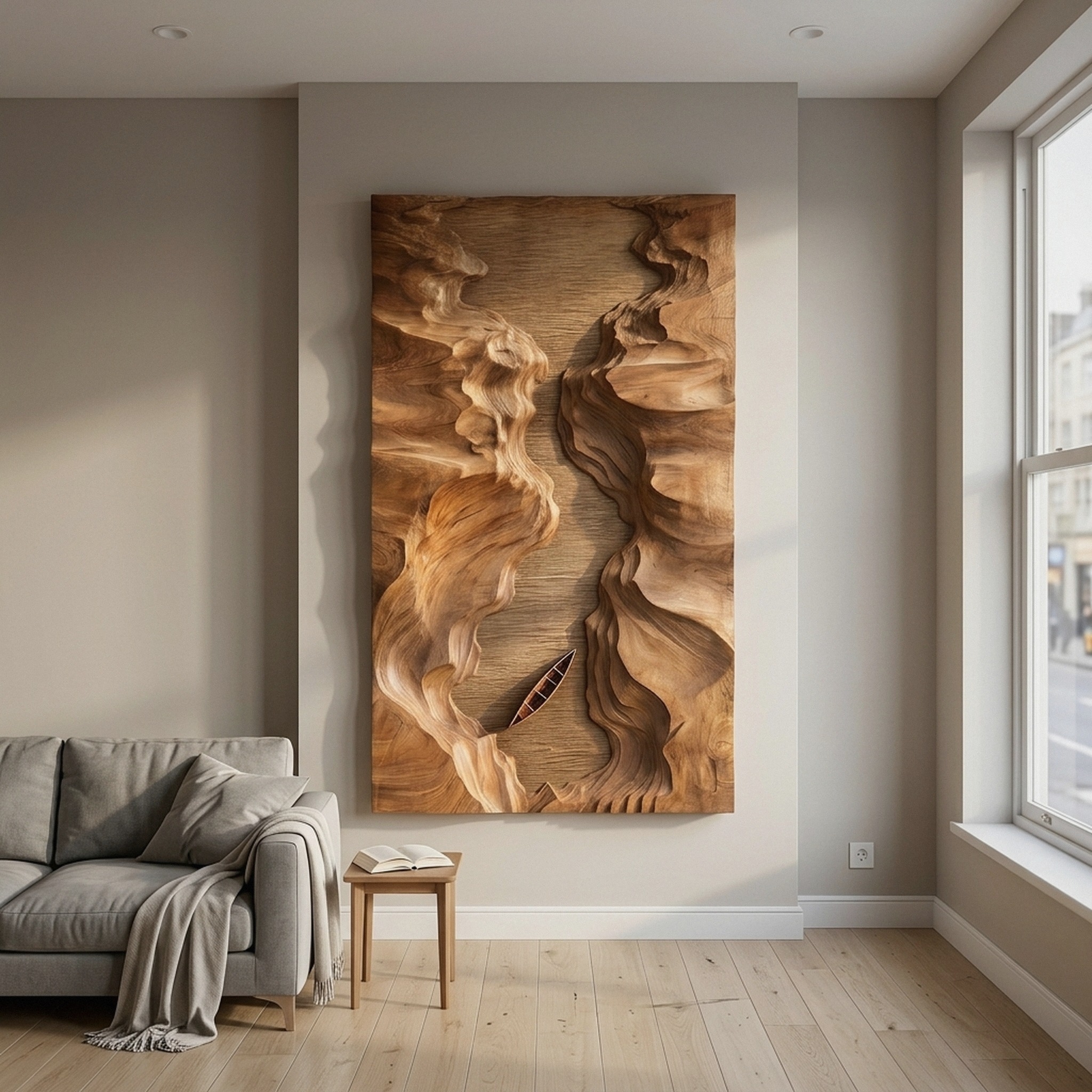 Abstract Canyon Wood Wall Sculpture, Handcrafted Geometric Wooden Wall Art Panel Decor for Modern Office & Living Room Entryway