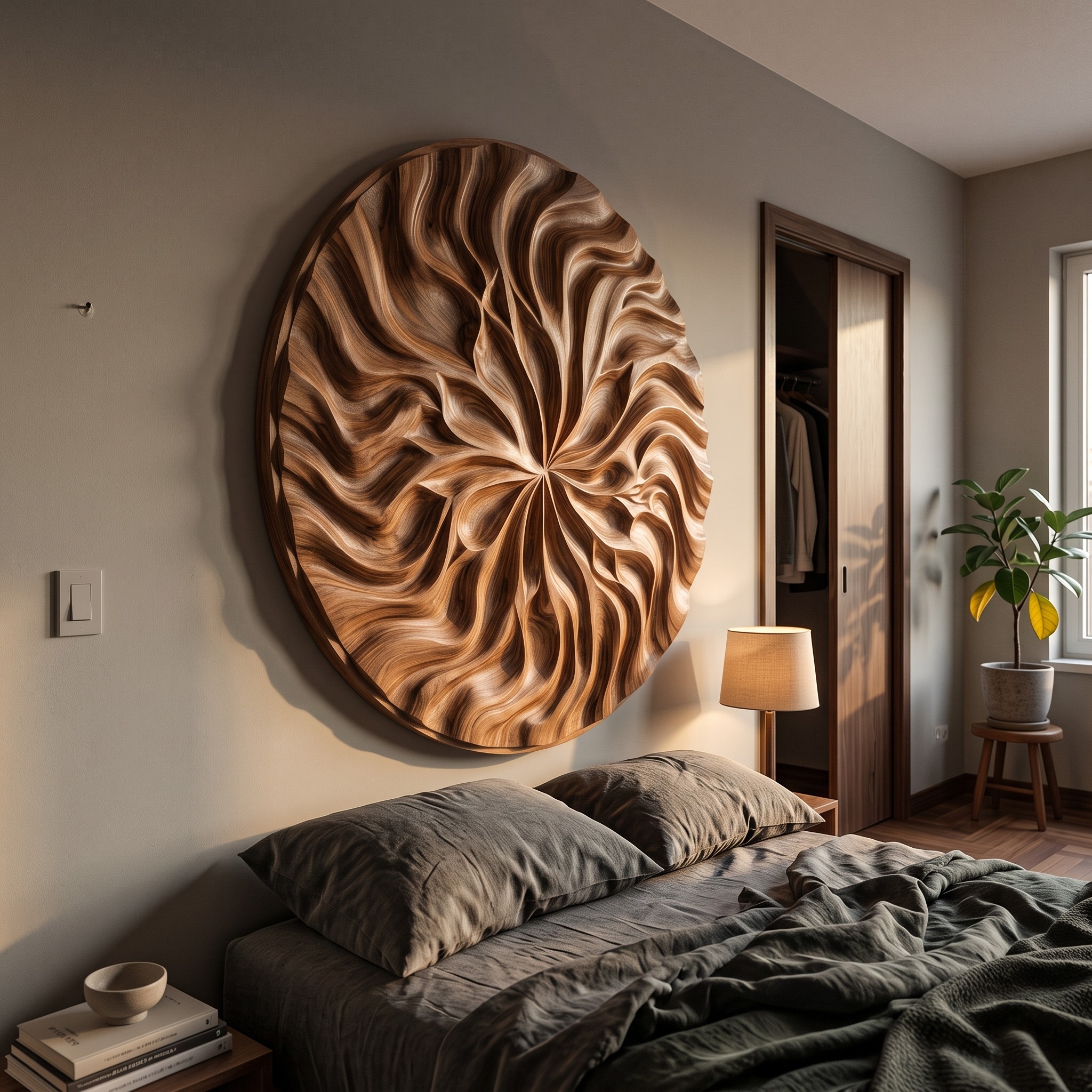 Abstract Flow Wood Wall Art, Contemporary Carved Flowing Lines Wooden Relief Panel for Hallway Decor