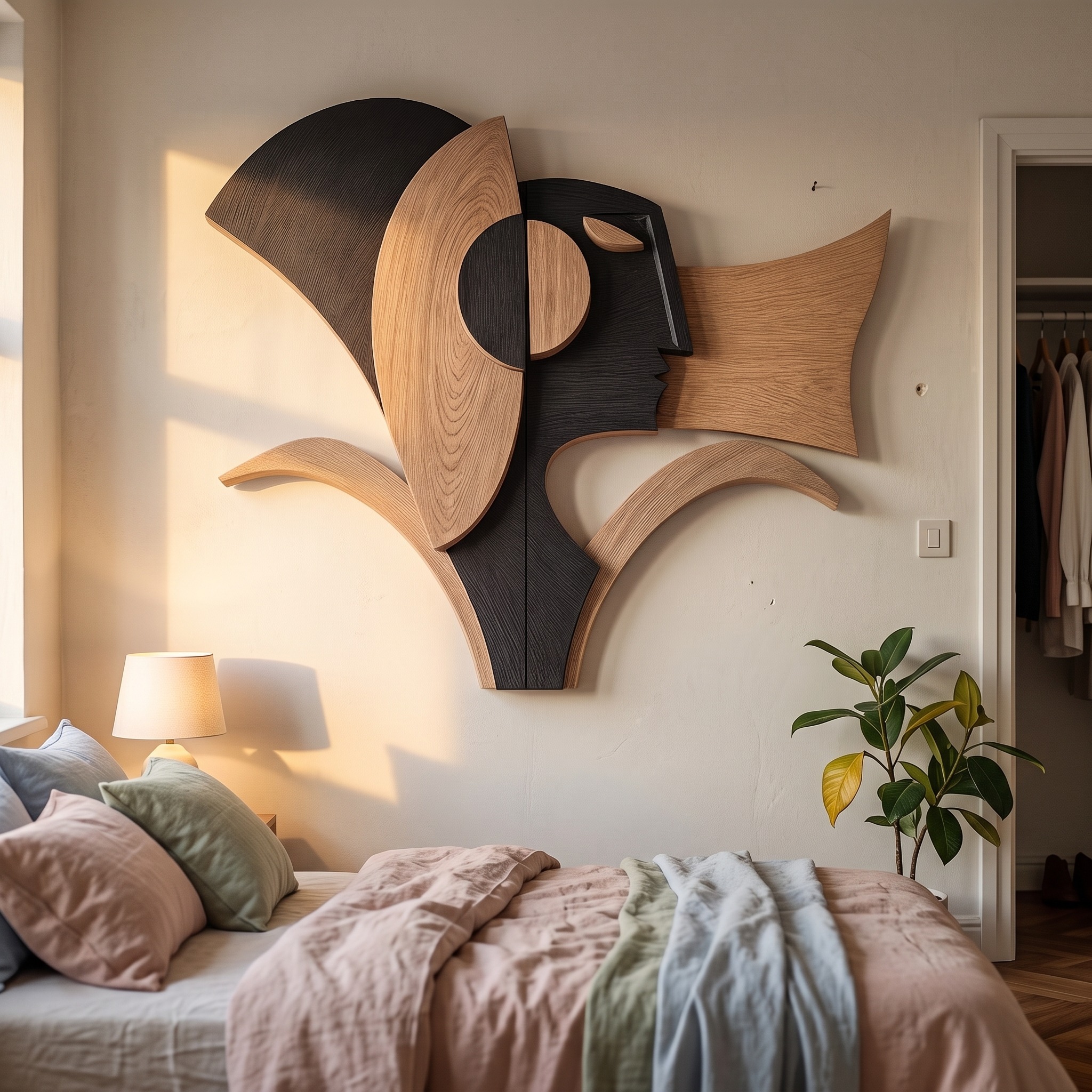 Abstract Geometric Wooden Wall Decor Panel, Modern Handcrafted Wood Art Sculpture for Living Room Bedroom
