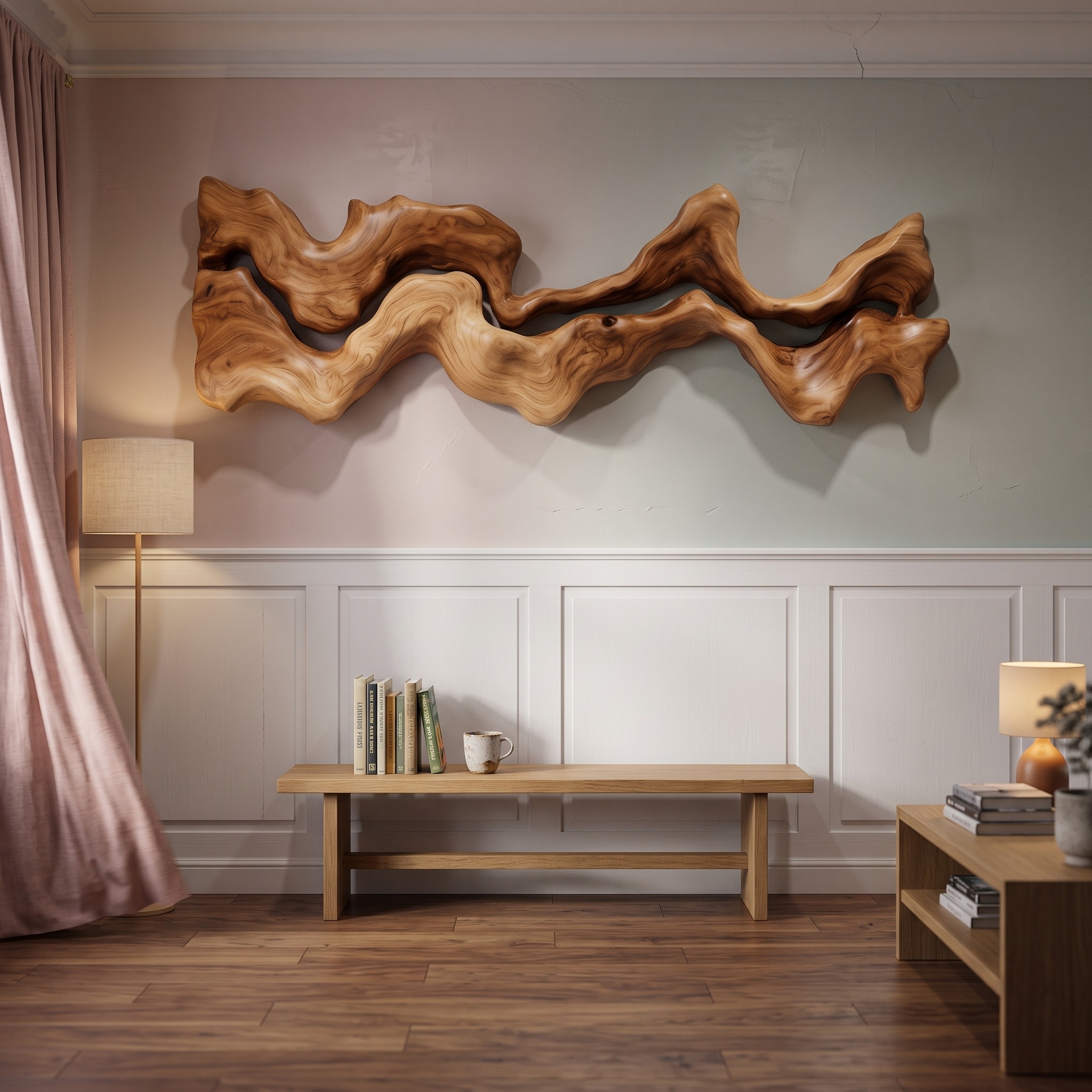 Abstract Hand-Carved Wall Art Sculpture, Modernist 3D Geometric Wooden Panel Decor for Bedroom Living Room