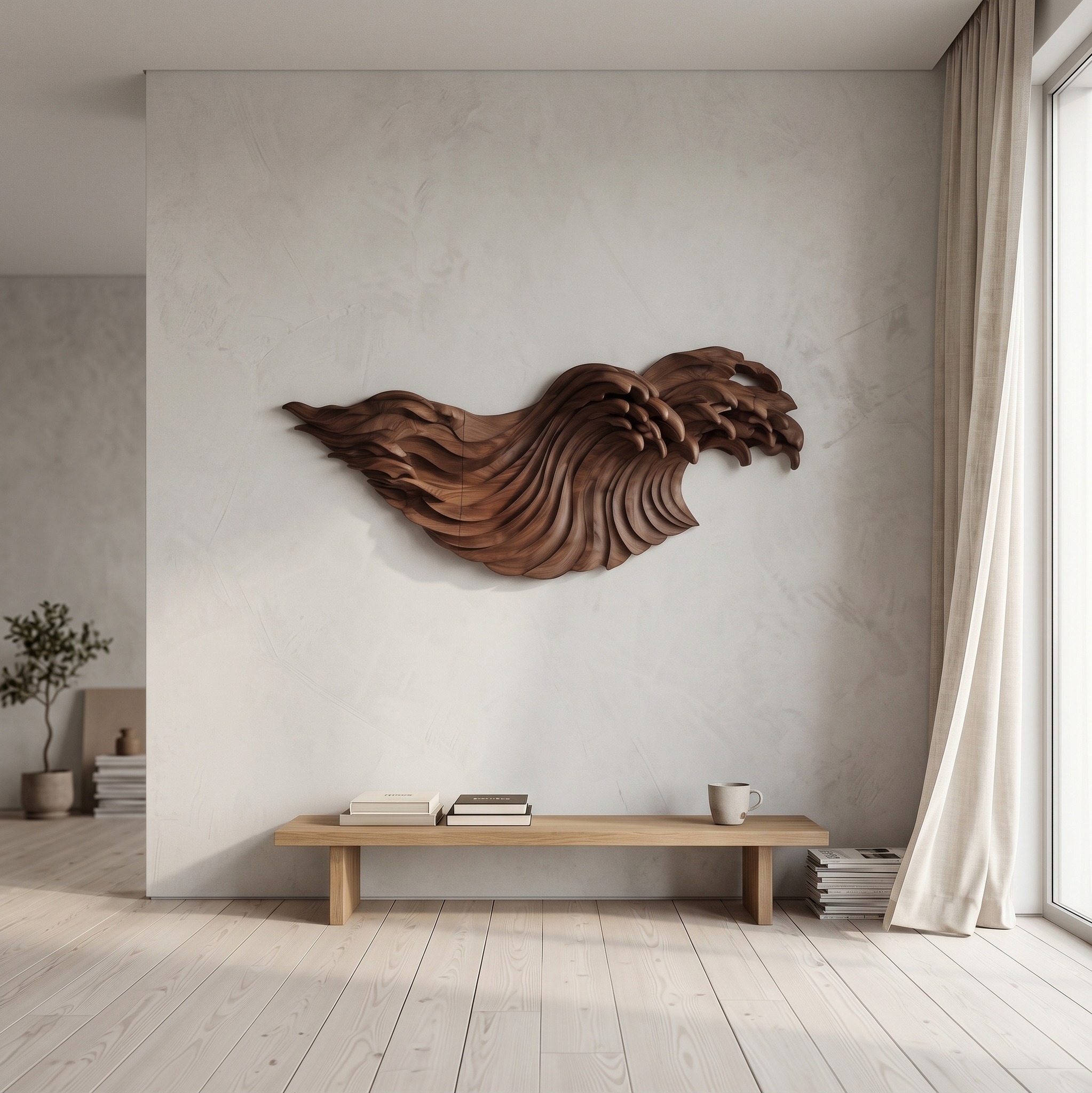 Abstract Ocean Wave Wooden Wall Art, Handcrafted Sculptural Flowing Wood Panel Decor for Living Room