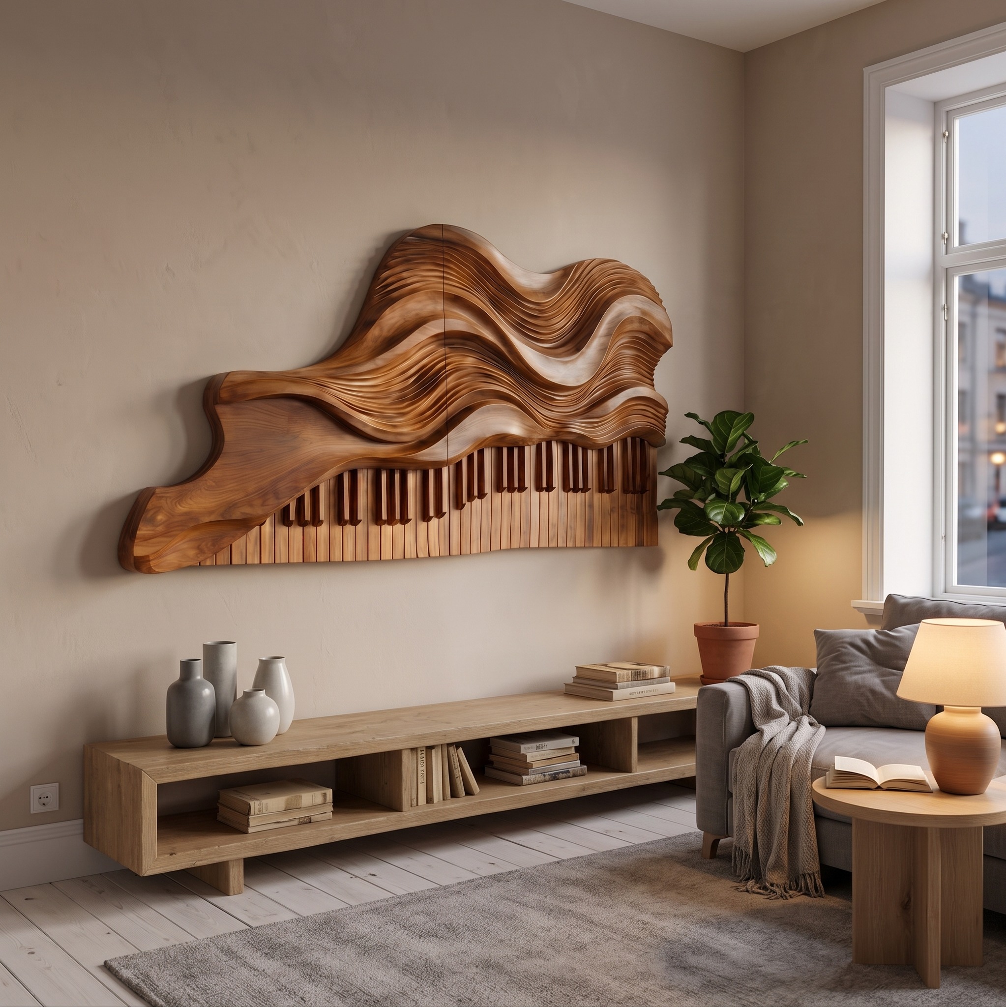 Abstract Piano Wave Wooden Wall Sculpture, Flowing Keyboard Music Theme 3D Wood Art Panel for Living Room Decor