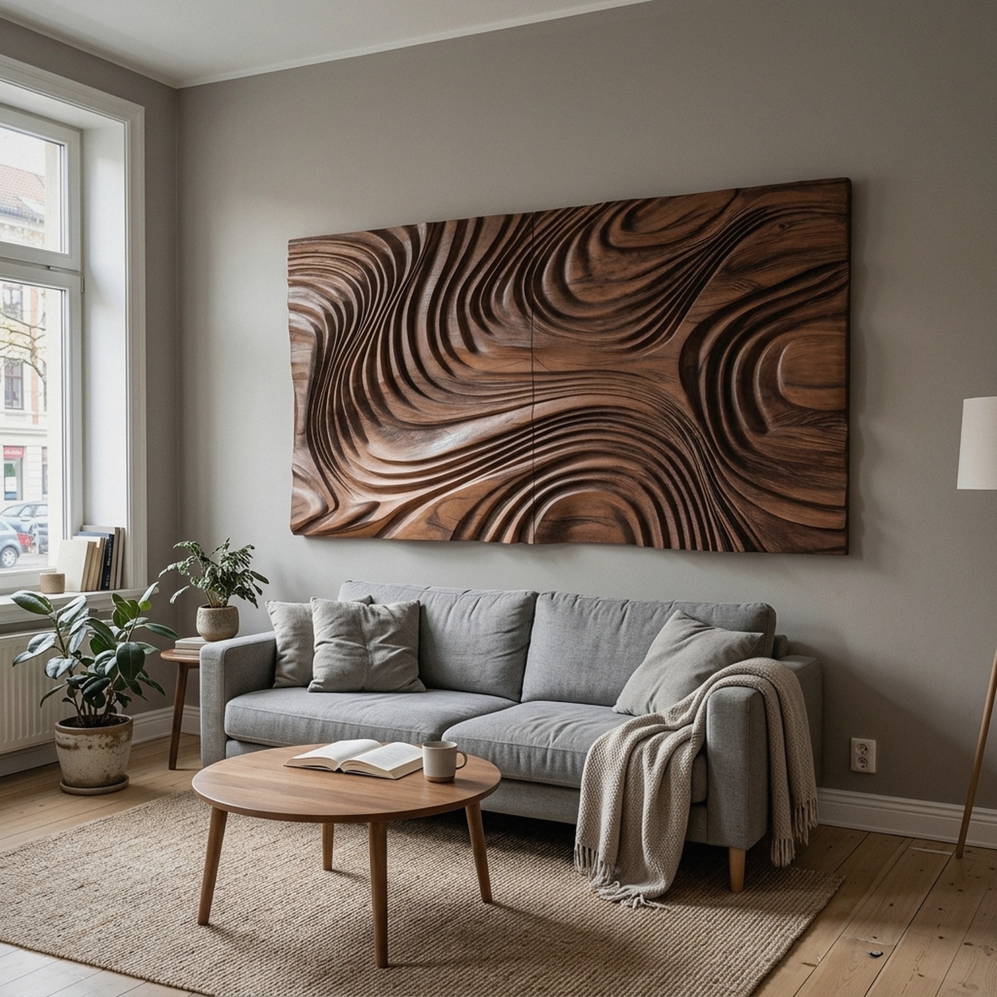 Abstract Sculptural Wood Wall Art with Carved Wave Patterns for Living Room or Bedroom
