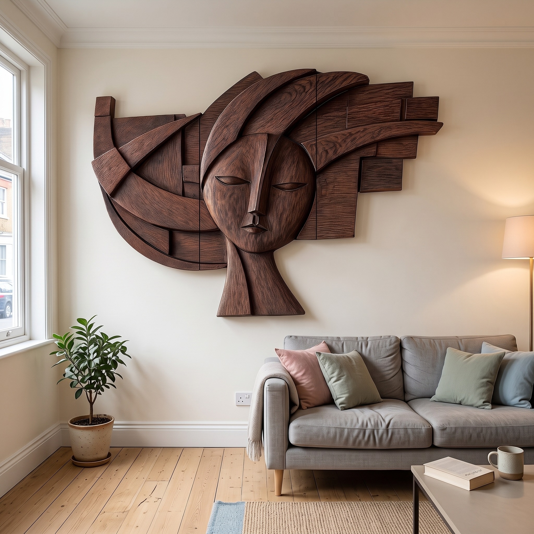 Abstract Tribal Face Wooden Wall Decor, Handcrafted Modern Wood Portrait Art Panel for Living Room