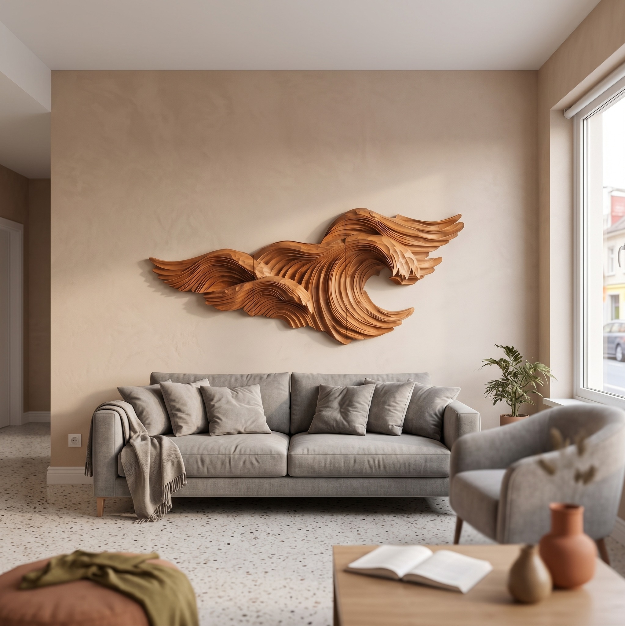 Abstract Wave Wall Art, Handcrafted 3D Sculptural Flowing Wood Panel Decor for Living Room & Entryway