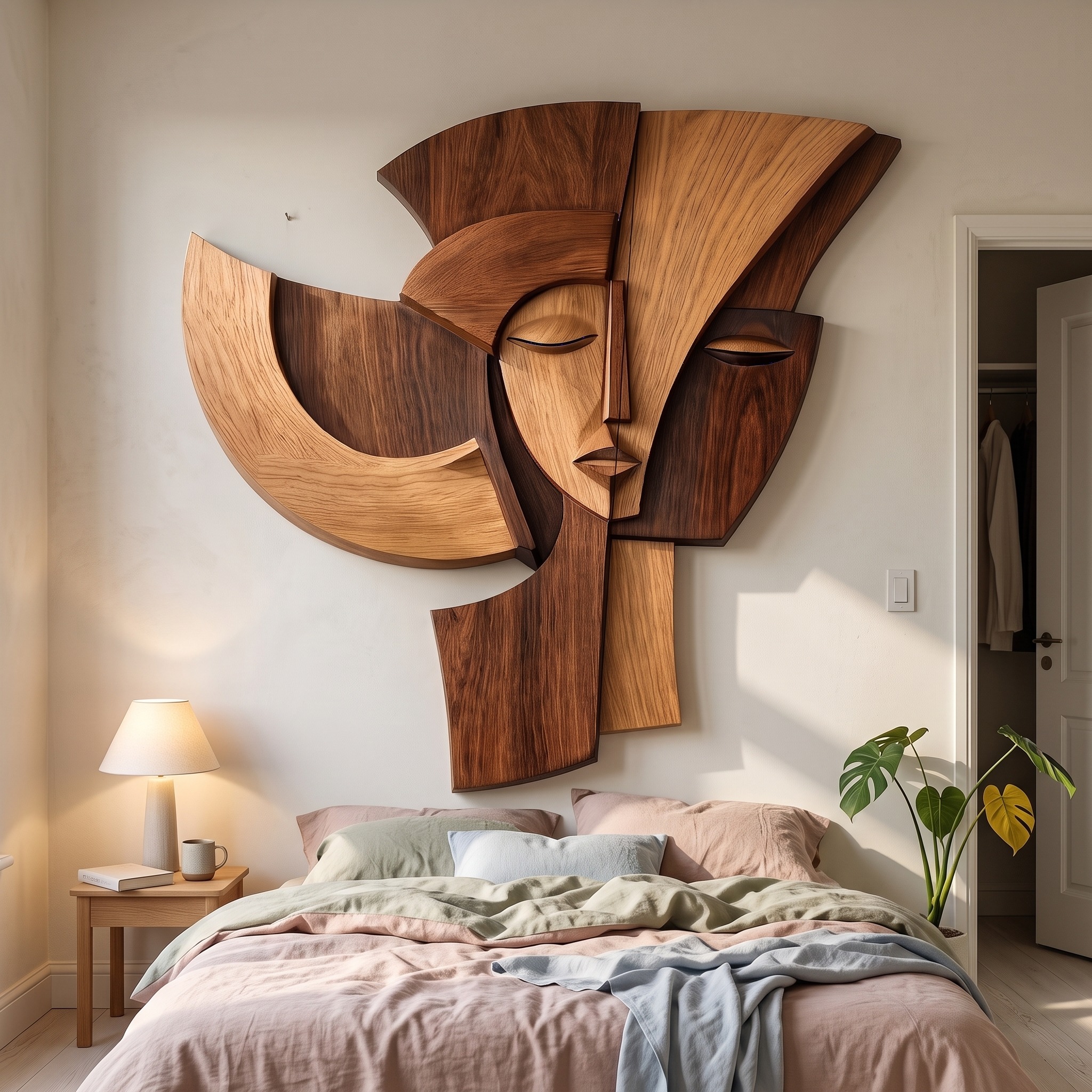 Abstract Wooden Face Wall Decor Panel, Handcrafted Modern Cubist Silhouette Portrait Art Sculpture for Home