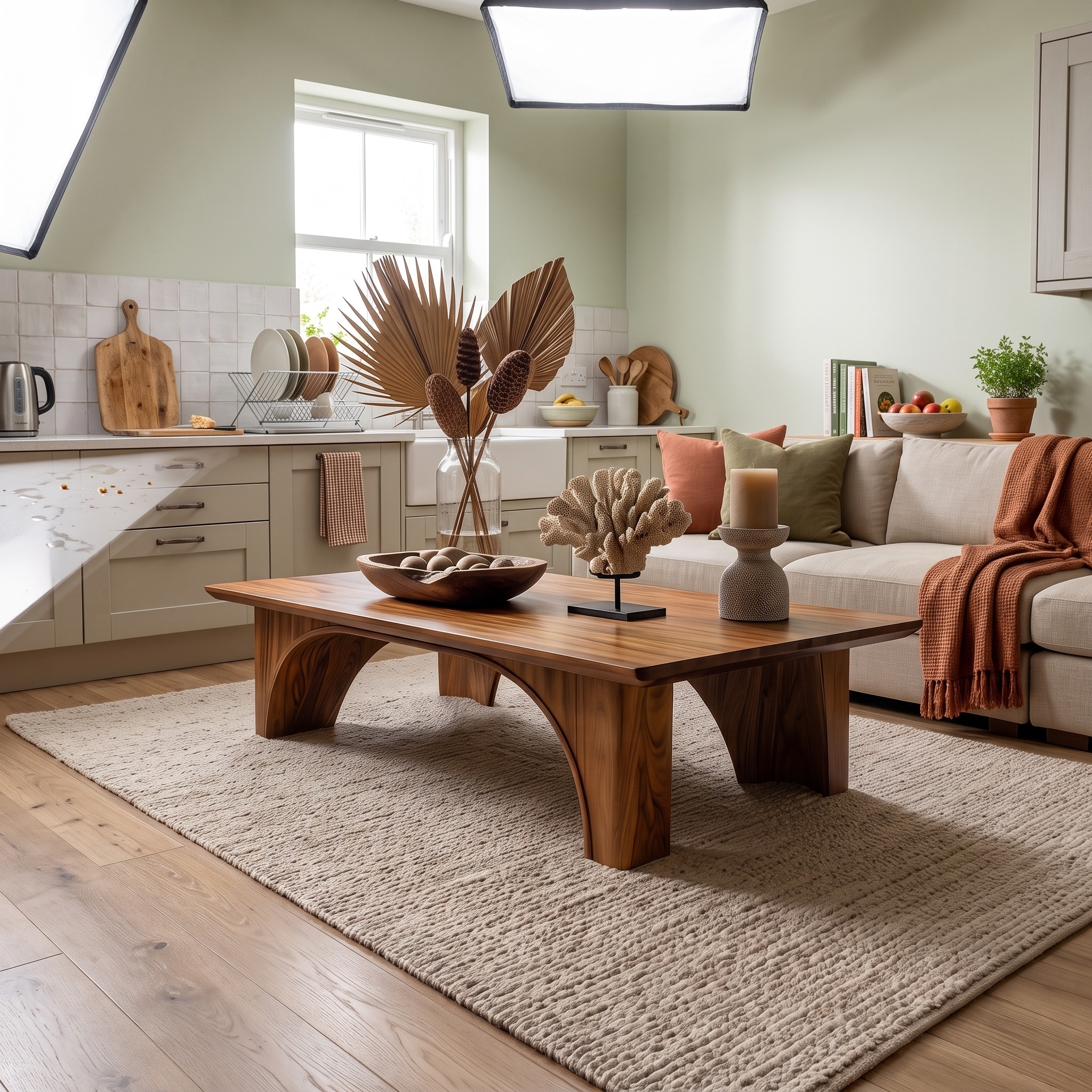 Arched Wood Coffee Table, Mid-Century Modern Curved Base Center Table for Garden Room and Living Room, Solid Wood