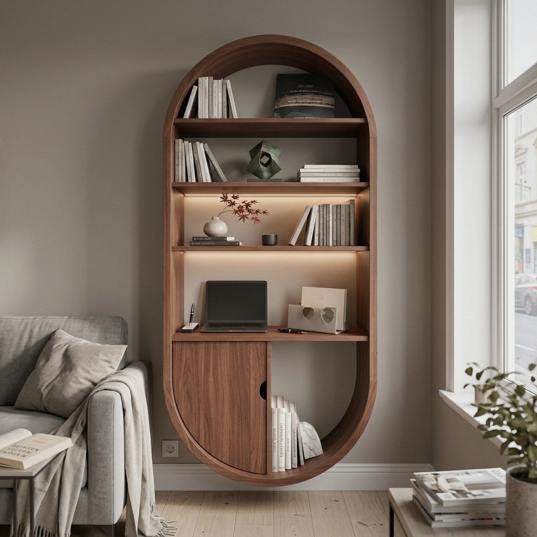 Arched Wooden Wall Bookshelf with Cabinet & Lighting, Solid Wood Storage Bookcase for Living Room, Home Office