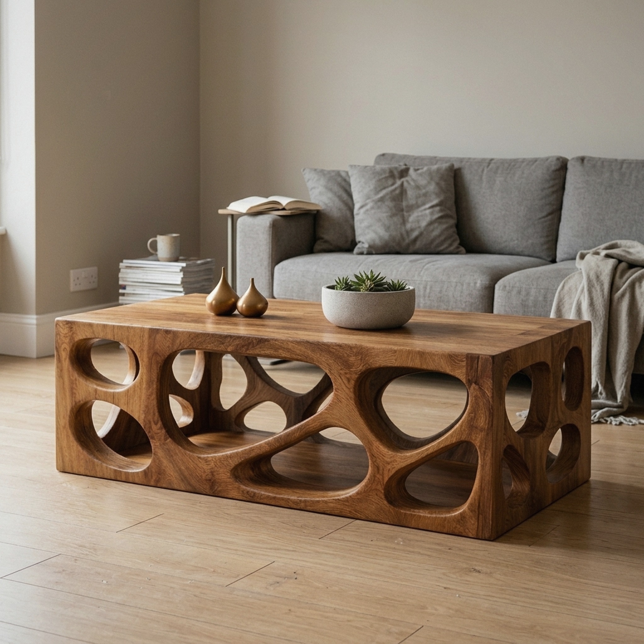 Architectural Carved Solid Wood Coffee Table Organic Void Design Statement Living Room Interior