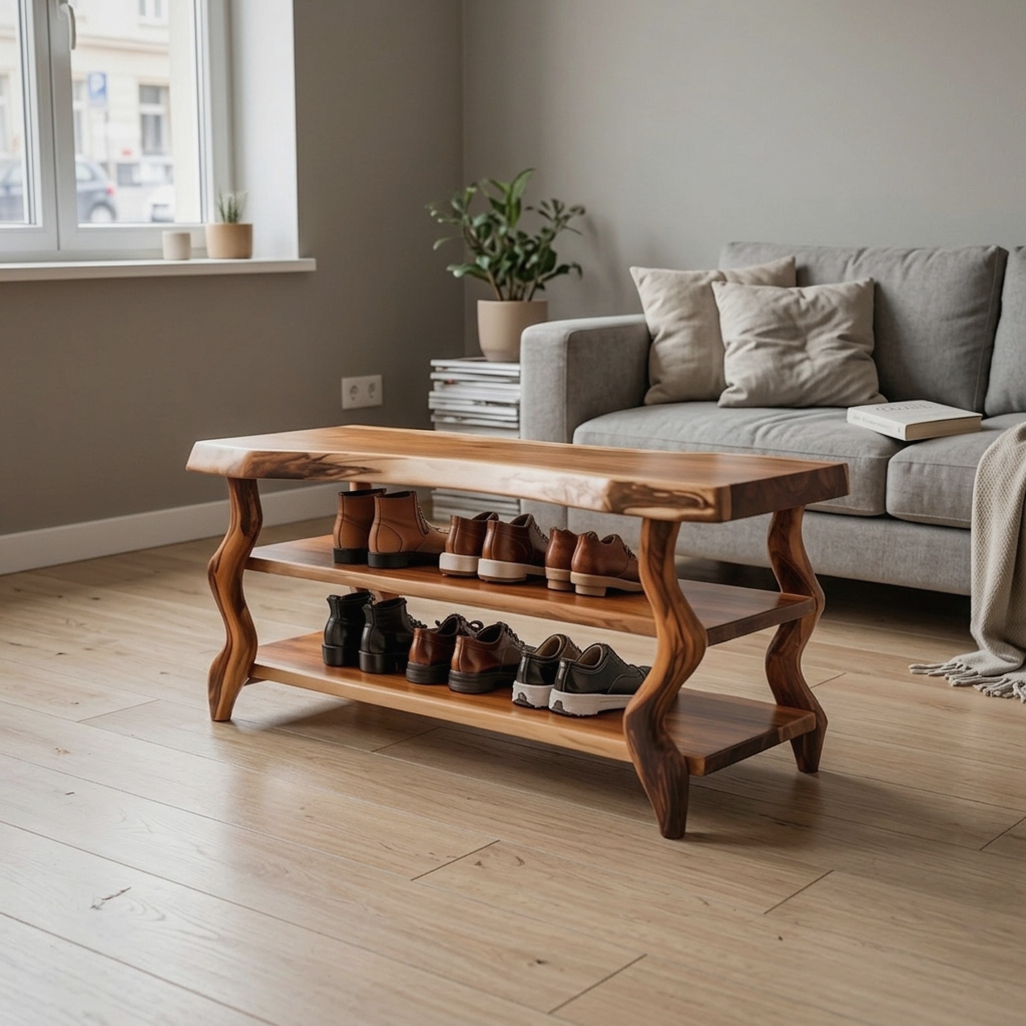 Artisan Rustic Shoe Storage Bench, Handcrafted Solid Wood Entryway Accent Bench with Storage for Living Room