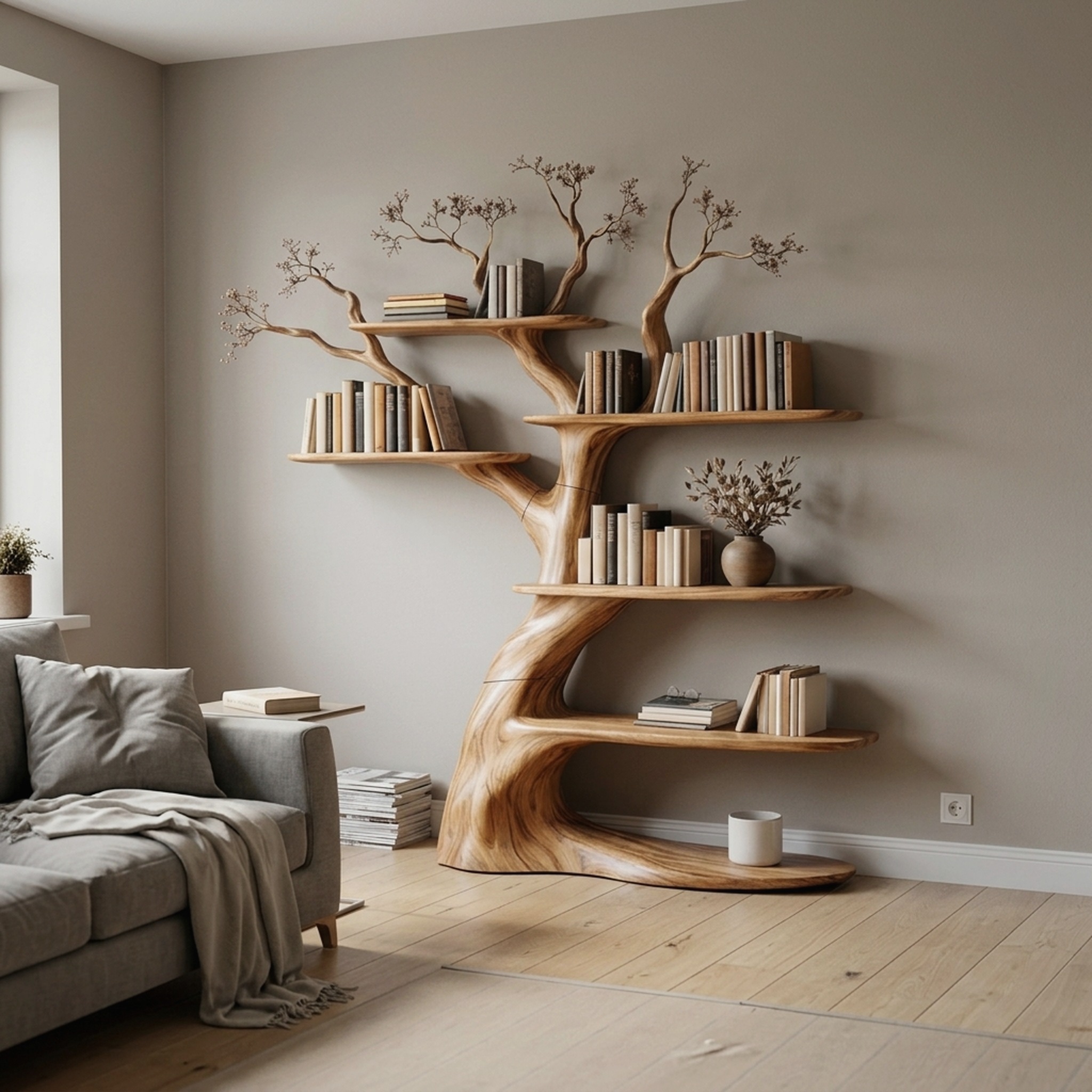 Artisan Tree Inspired Wood Bookshelf, Handcrafted Floating Branch Wall Mounted Bookcase Storage for Home Office