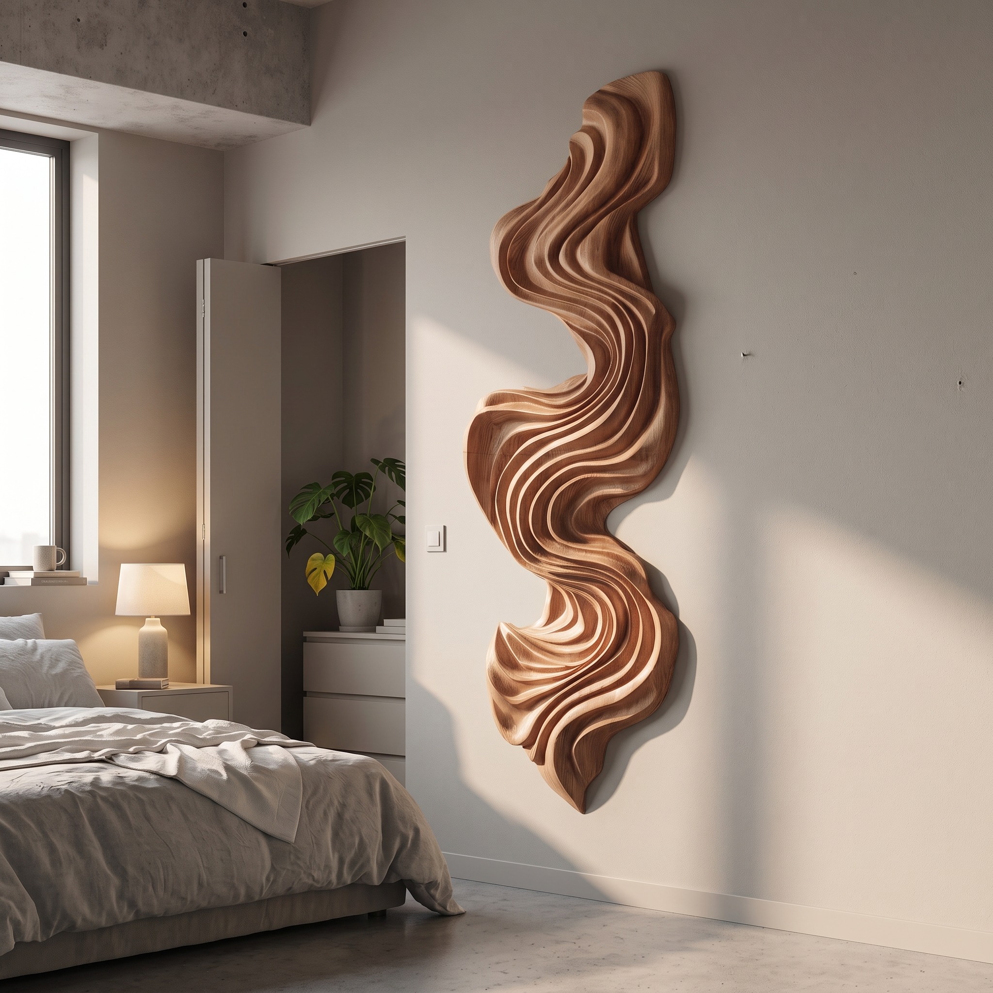 Artisan Vertical Wave Wall Sculpture, Abstract 3D Carved Wood Wall Art Panel for Living Room & Hallway