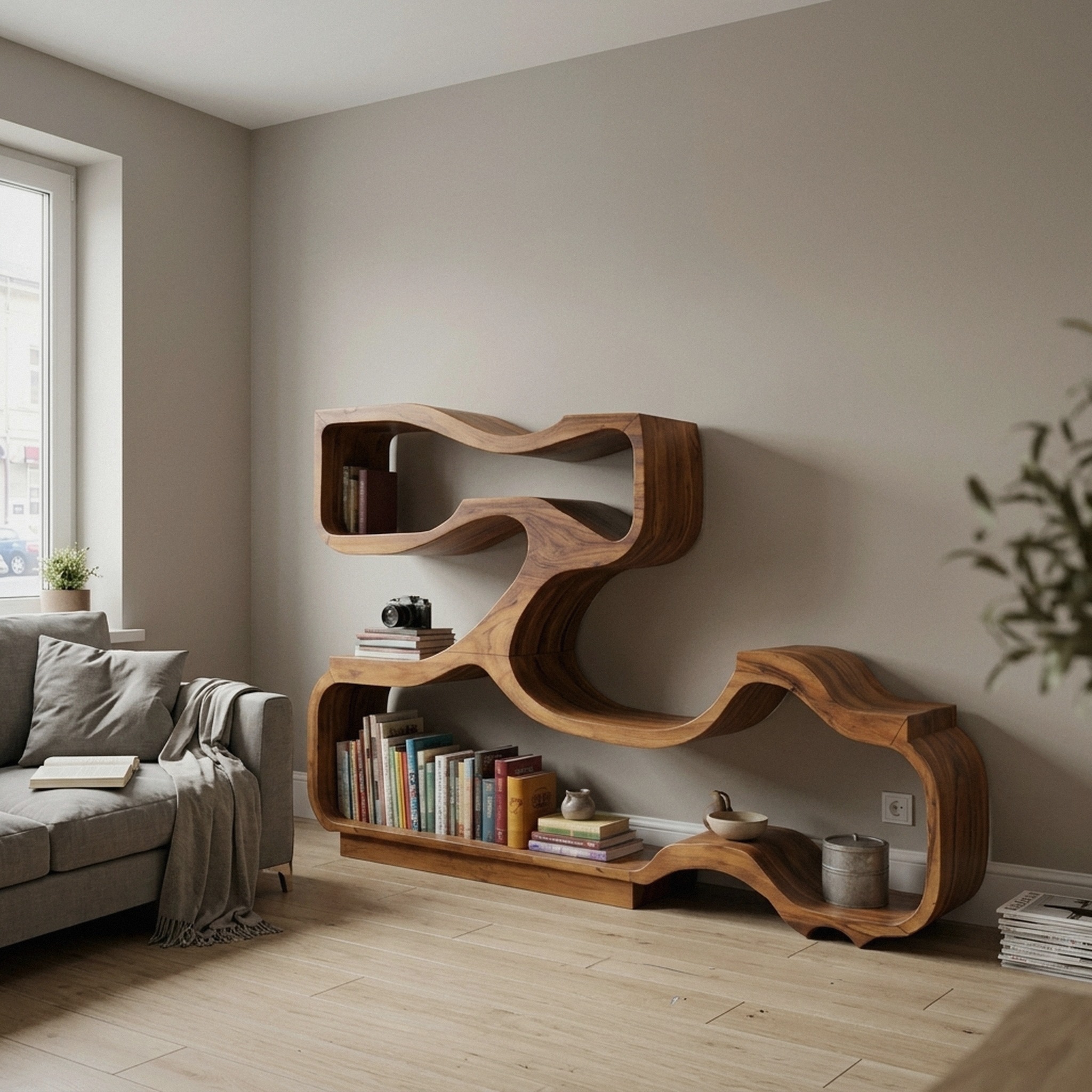 Artistic Bookshelf with Flowing Design for Living Room
