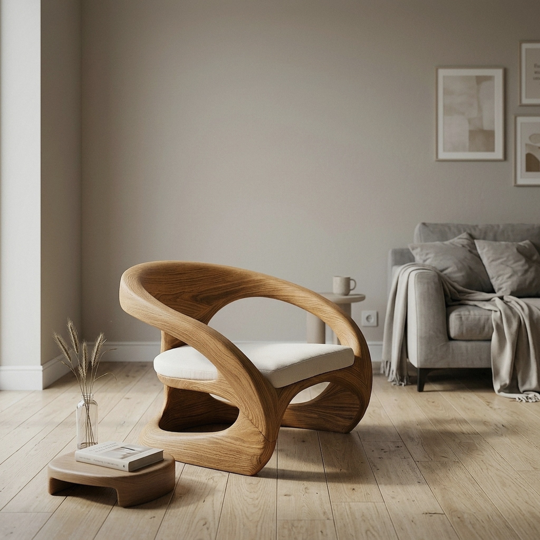 Artistic Curved Armchair Without Upholstered Seat for Living Room