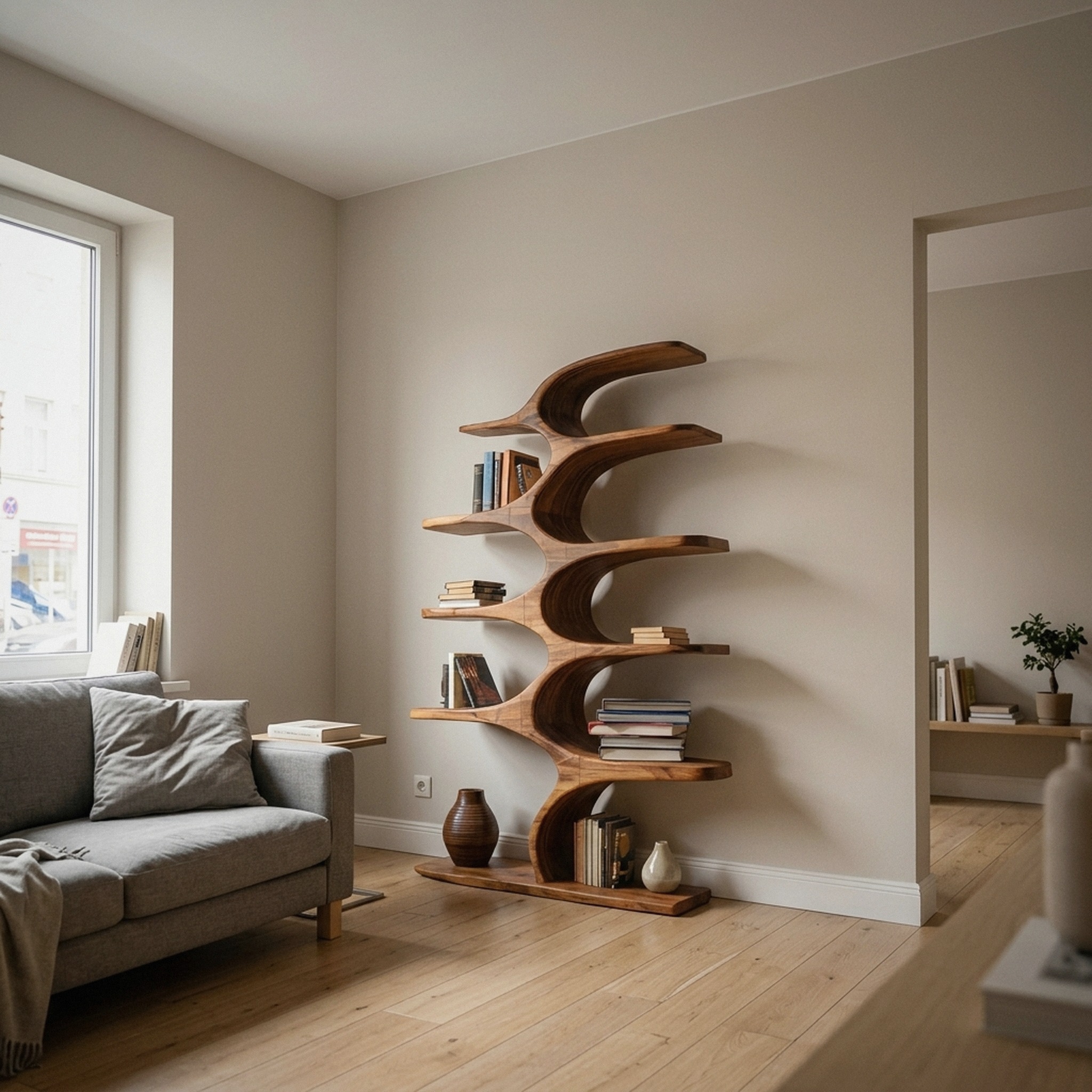 Artistic Curved Bookshelf Fluid Lines Statement for Designer Interiors