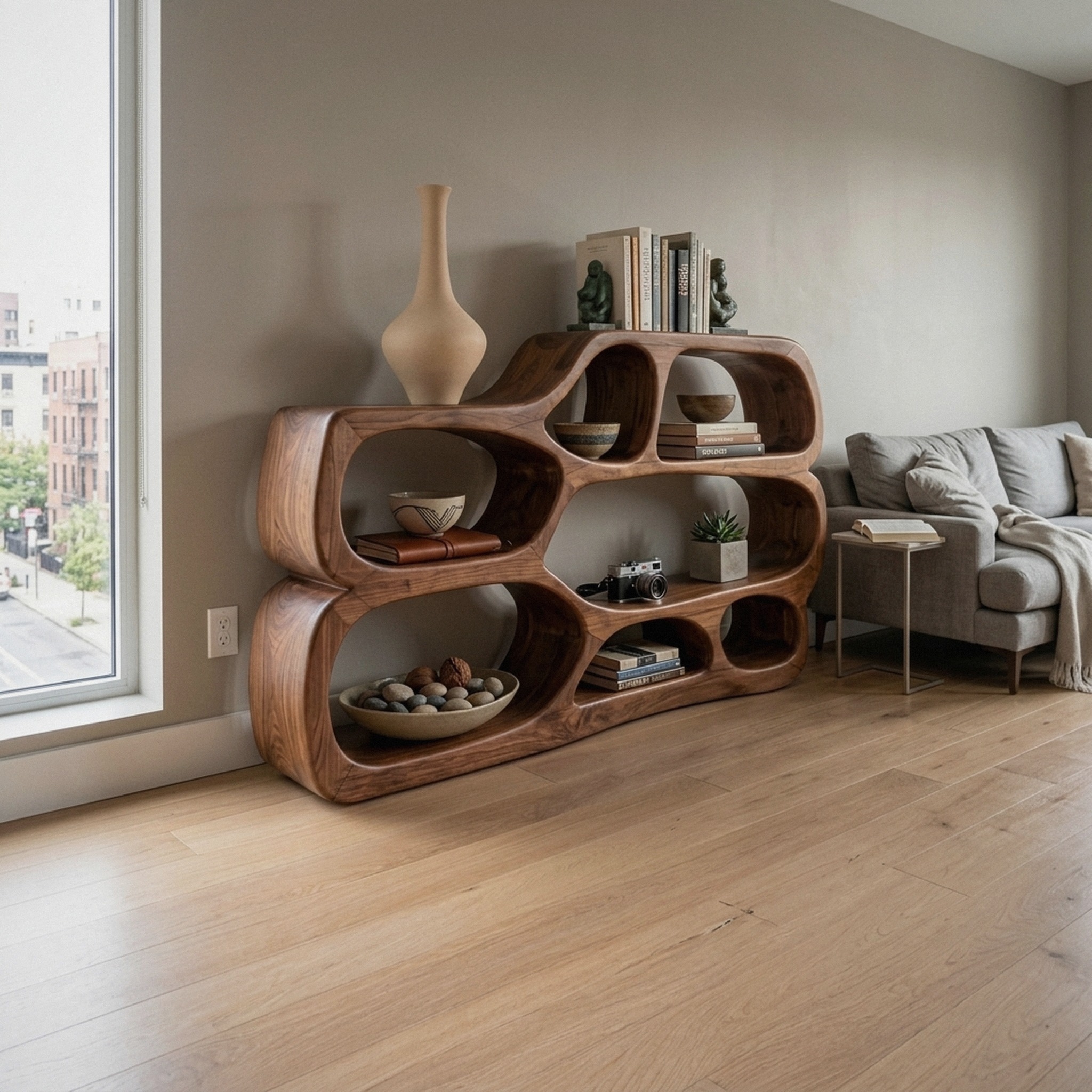 Artistic Curved Bookshelf for Living Room Styling