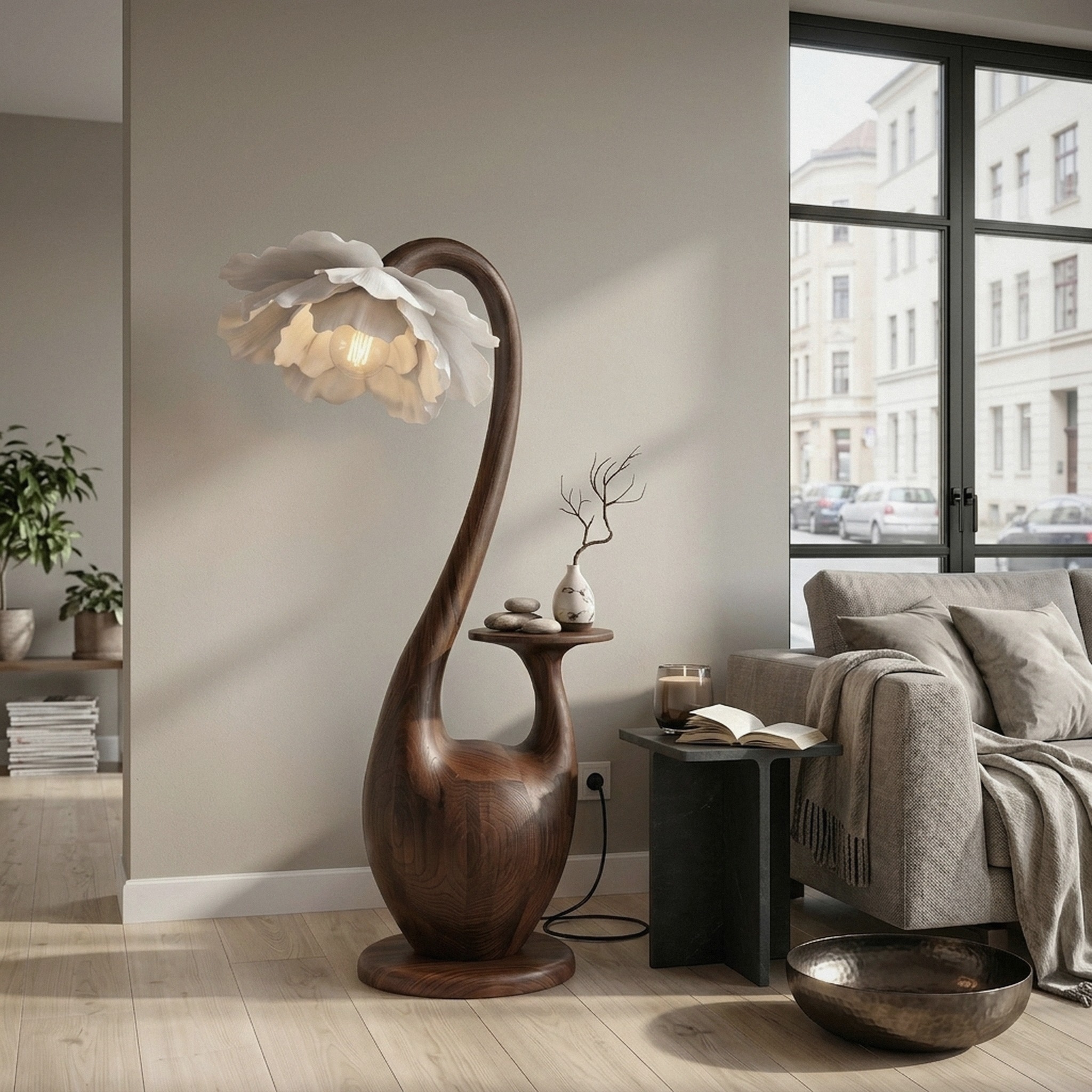 Artistic Floor Lamp with Sculptural Organic Base and Integrated Shelf for Reading Nook