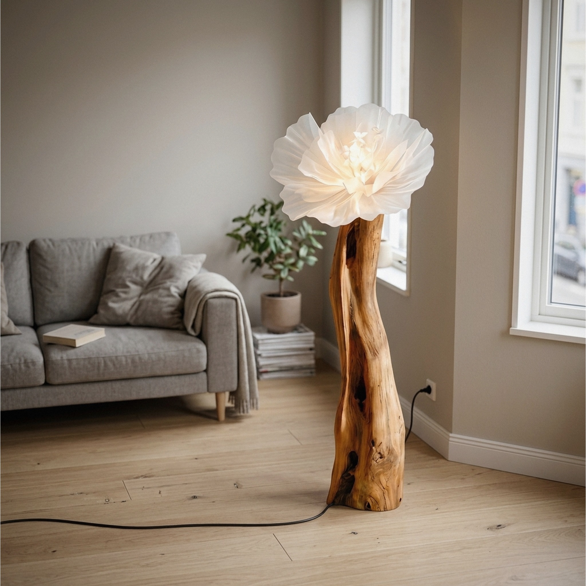 Artistic Flower Floor Lamp Sculptural Wood Base for Living Room