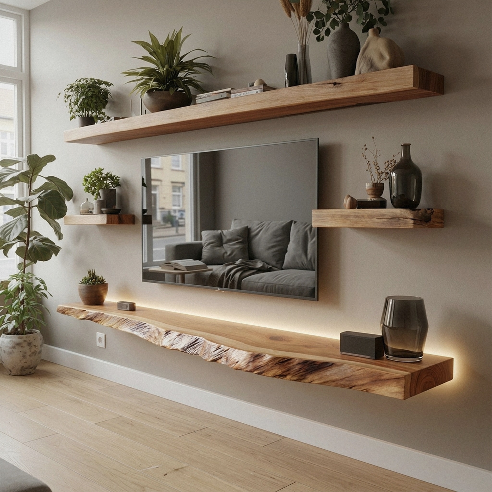 Artistic Live Edge Floating TV Shelf Solid Wood Living Room Interior Signature Furniture