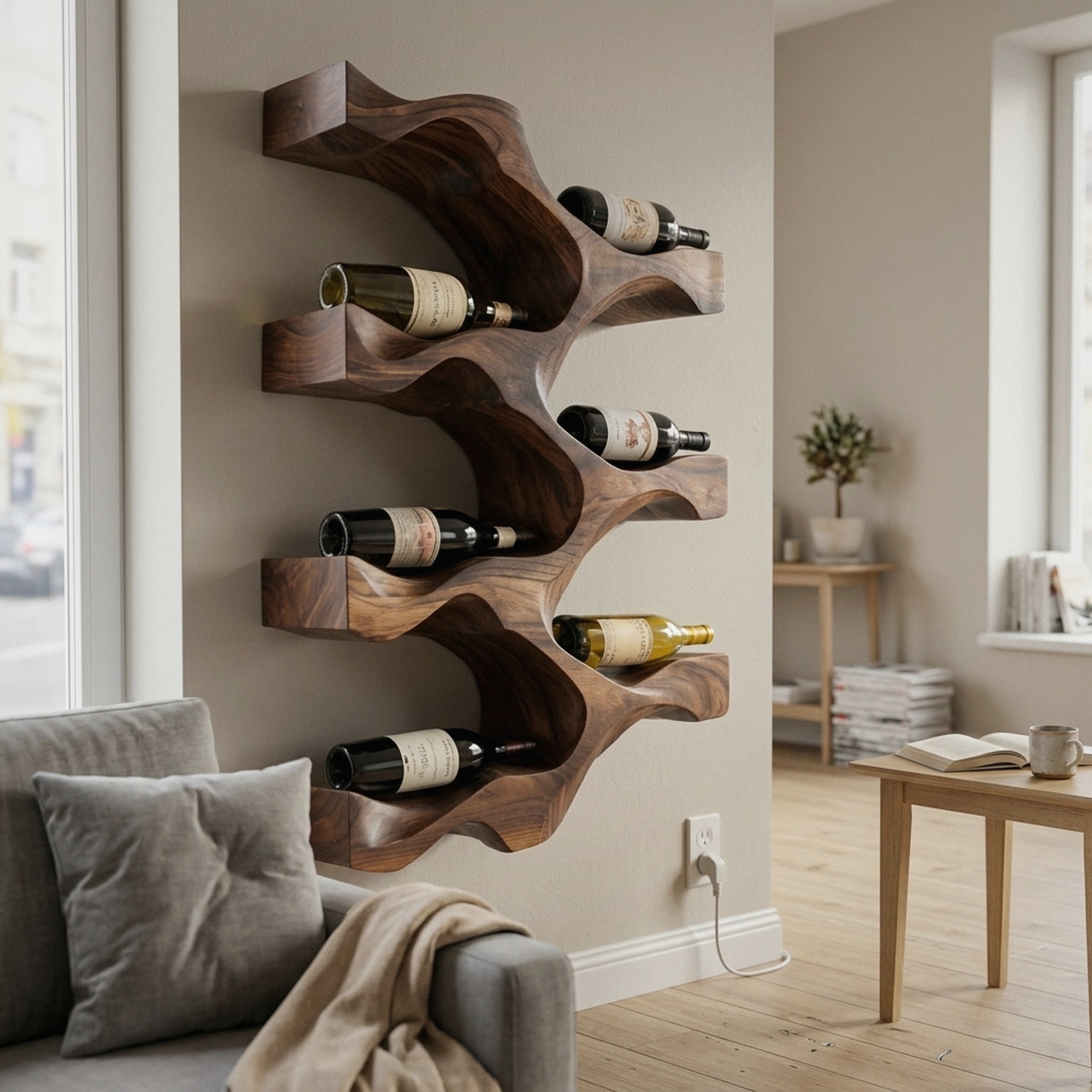 Artistic Natural Wood Wine Rack for Modern Kitchen Wall Decor