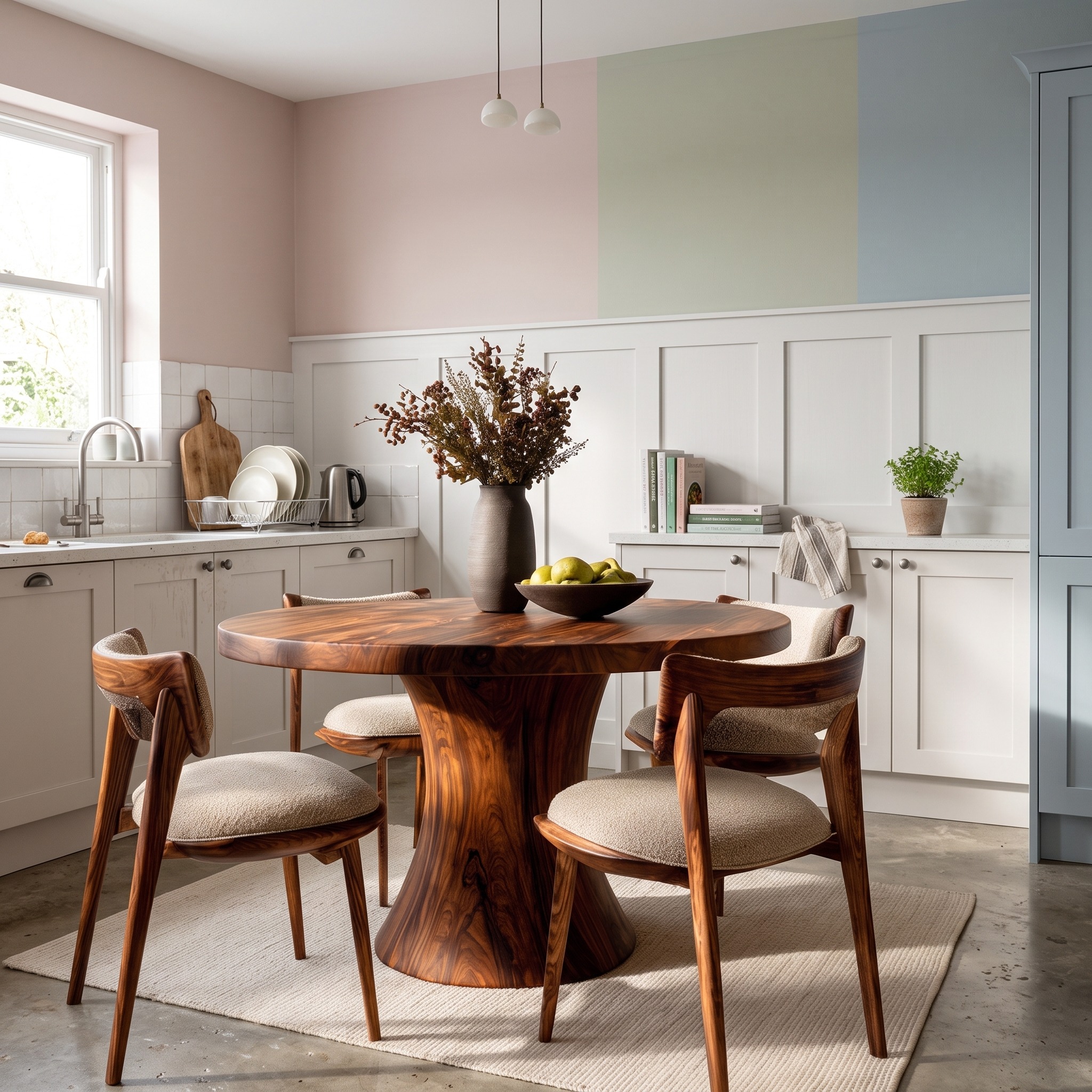 Artistic Pedestal Dining Table, Handcrafted Solid Wood Kitchen Dining Table for Contemporary Dining Spaces, Model