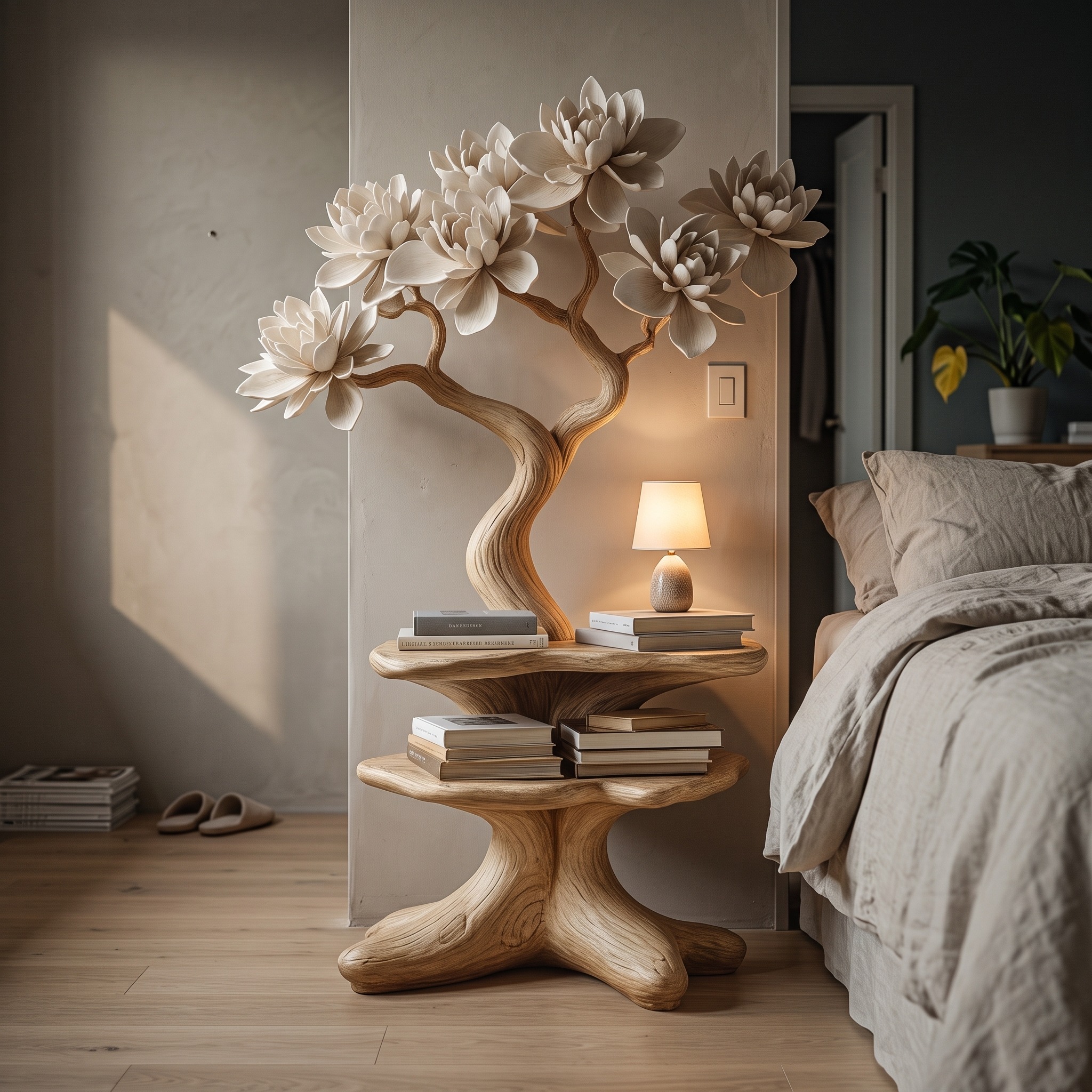 Artistic Rustic Wood Nightstand, Handcrafted Modern Bedside Table & Small Accent End Table for Bedroom Decor