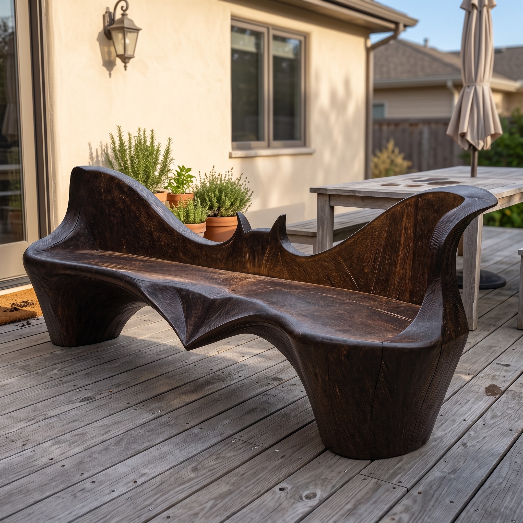 Artistic Sculpted Solid Wood Outdoor Bench, Organic Design Wooden Seating for Garden, Patio & Backyard