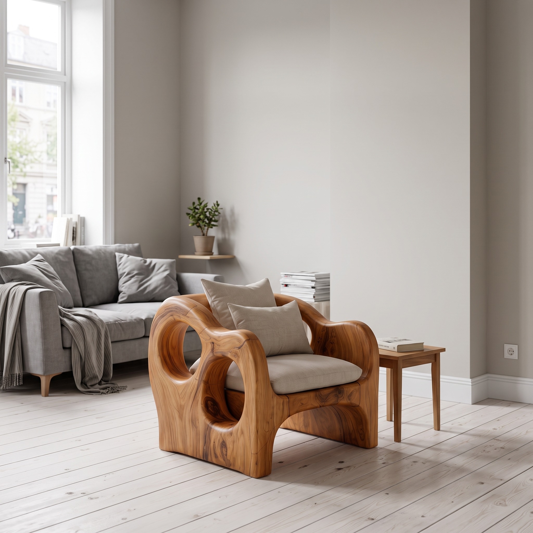 Artistic Sculpted Wooden Armchair, Mid-Century Modern Accent Lounge Chair for Living Room, Model