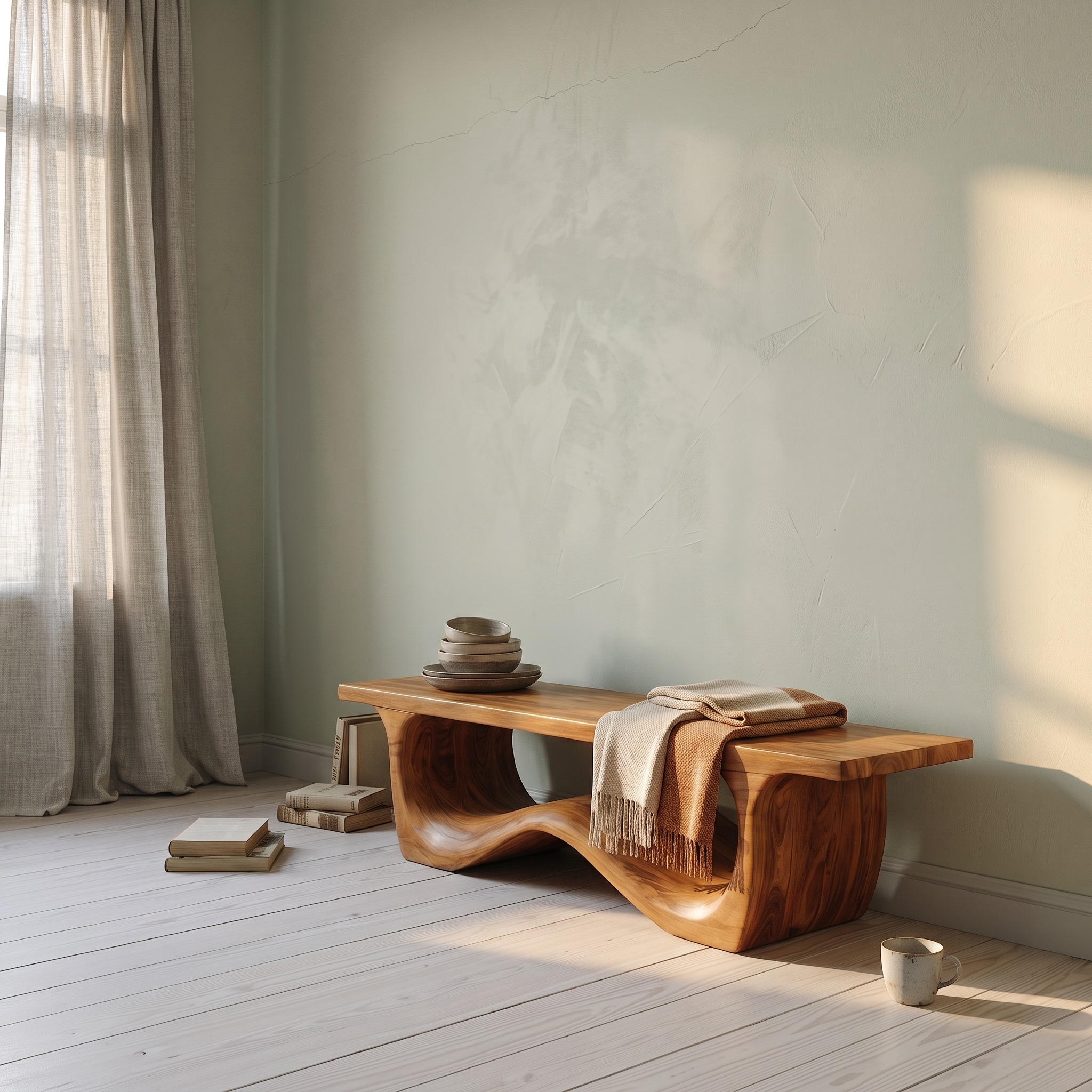 Artistic Sculptural Organic Bench, Handcrafted Solid Wood Accent Seating for Foyer, Living Room & Entryway Decor