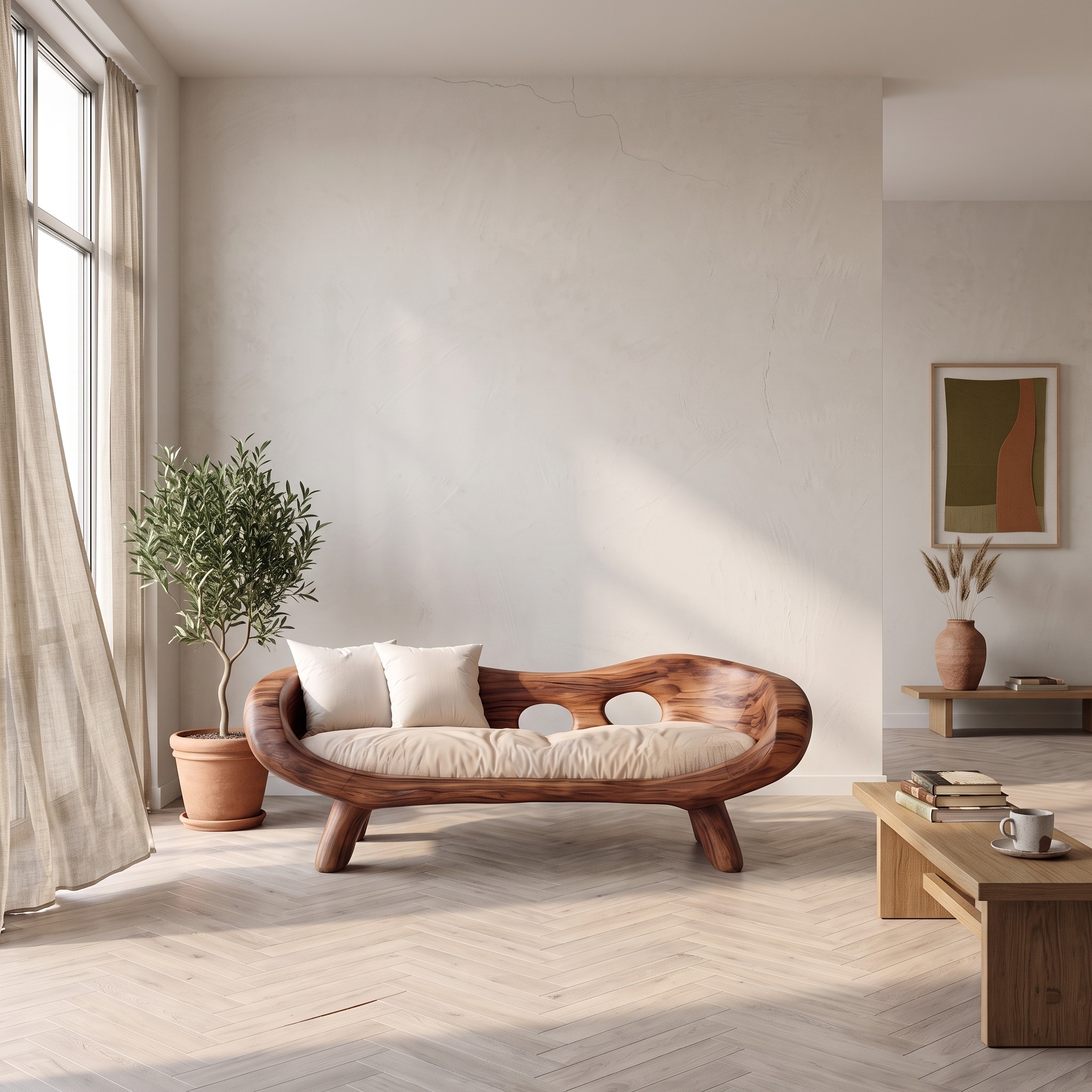 Artistic Sculptural Sofa with Curved Wooden Frame, Designer Lounge Settee Couch for Contemporary Living Room