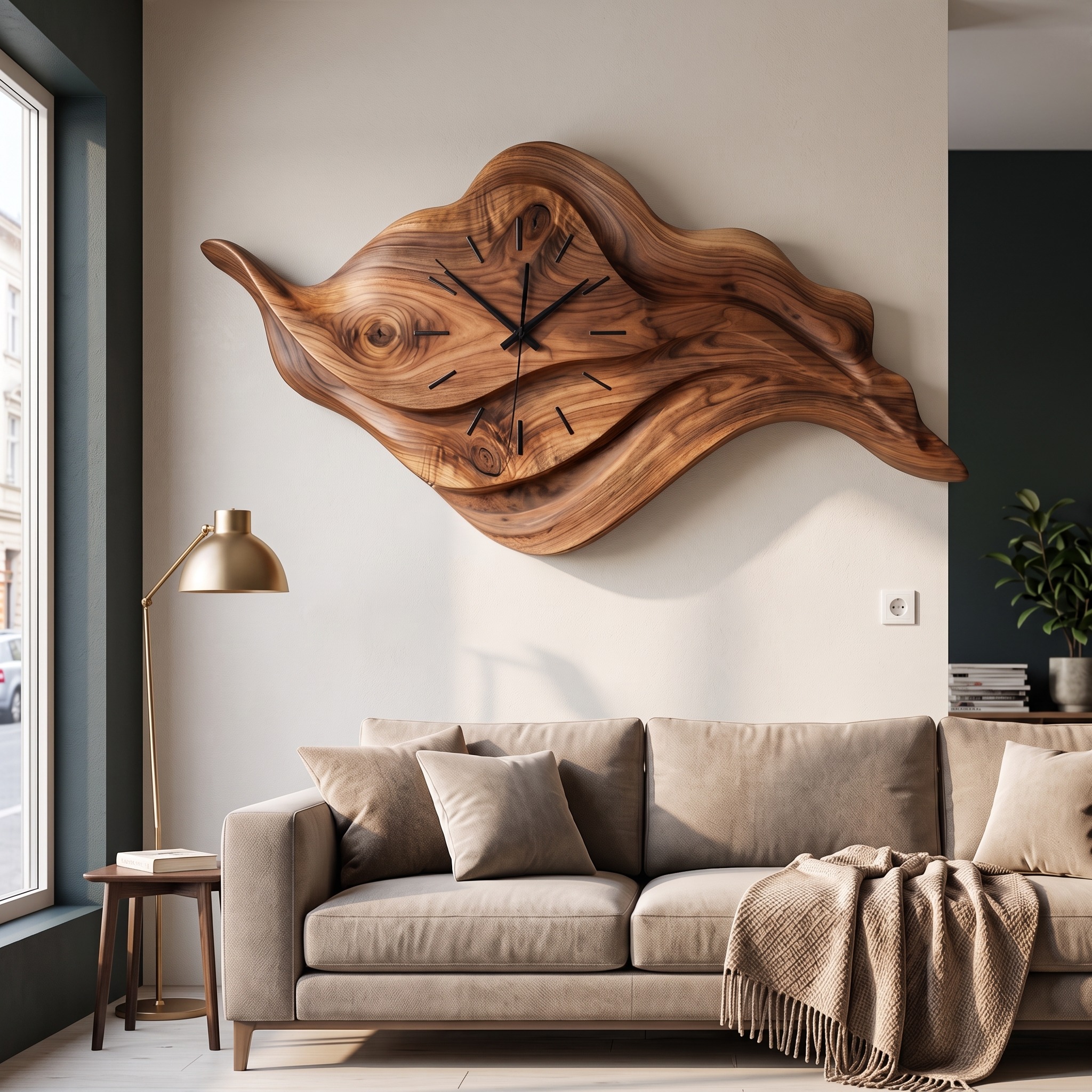 Artistic Sculptural Wooden Clock, Modern Abstract Hand-Carved Decorative Wood Desk/Wall Clock for Home Office