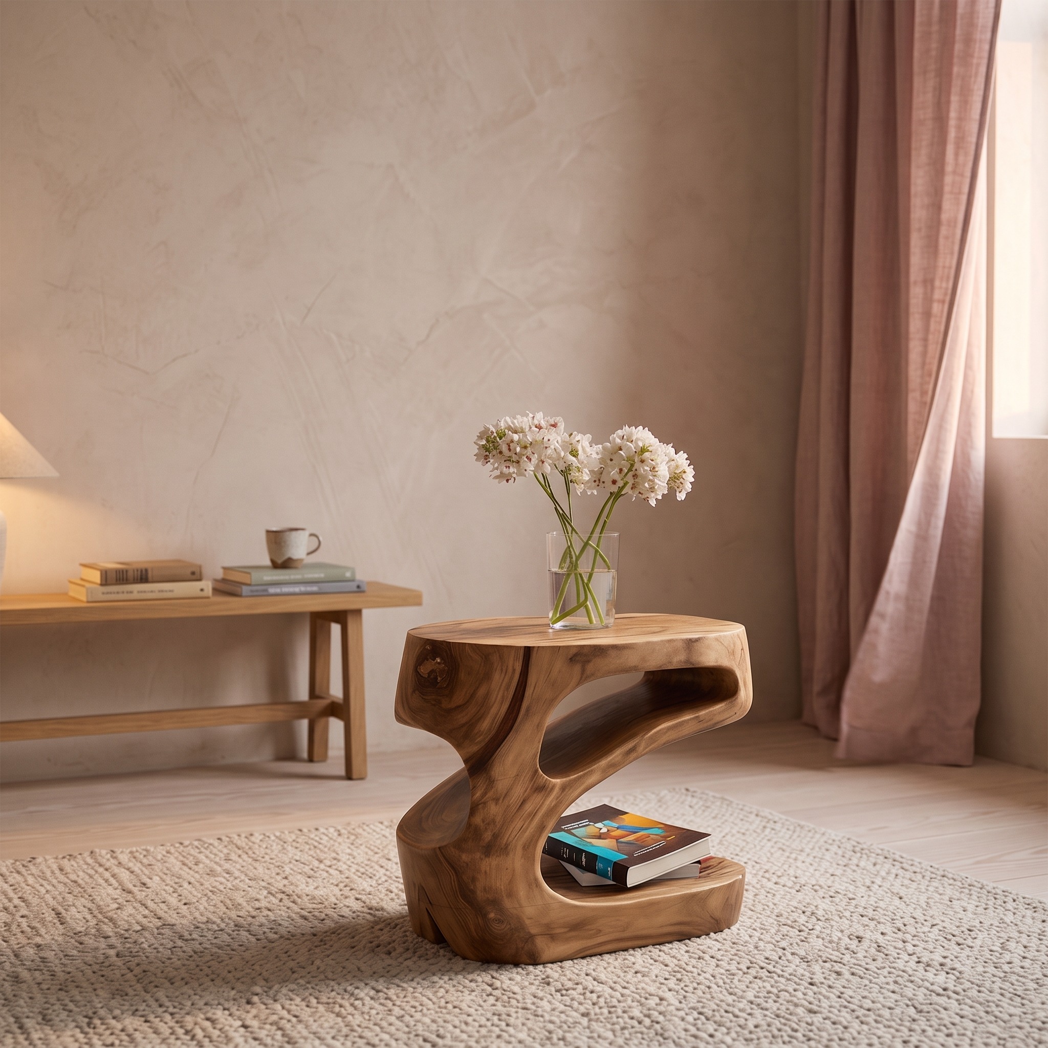 Artistic Side Table with Storage Shelf, Handcrafted Solid Wood End Table & Nightstand for Living Room, Model